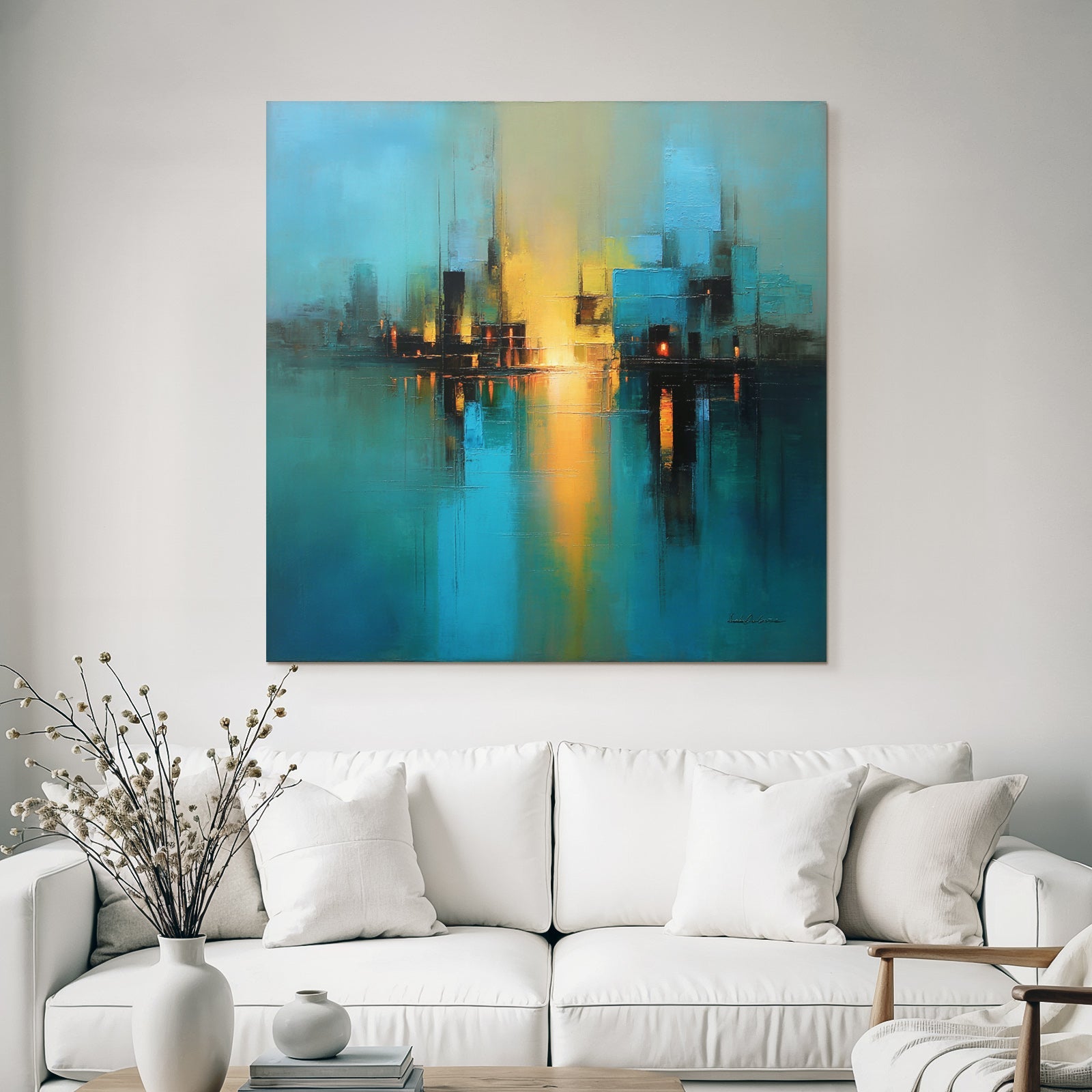 Abstraktes Gemälde Stadt Skyline Wasserfront Szene Blau Gelb Schwarz