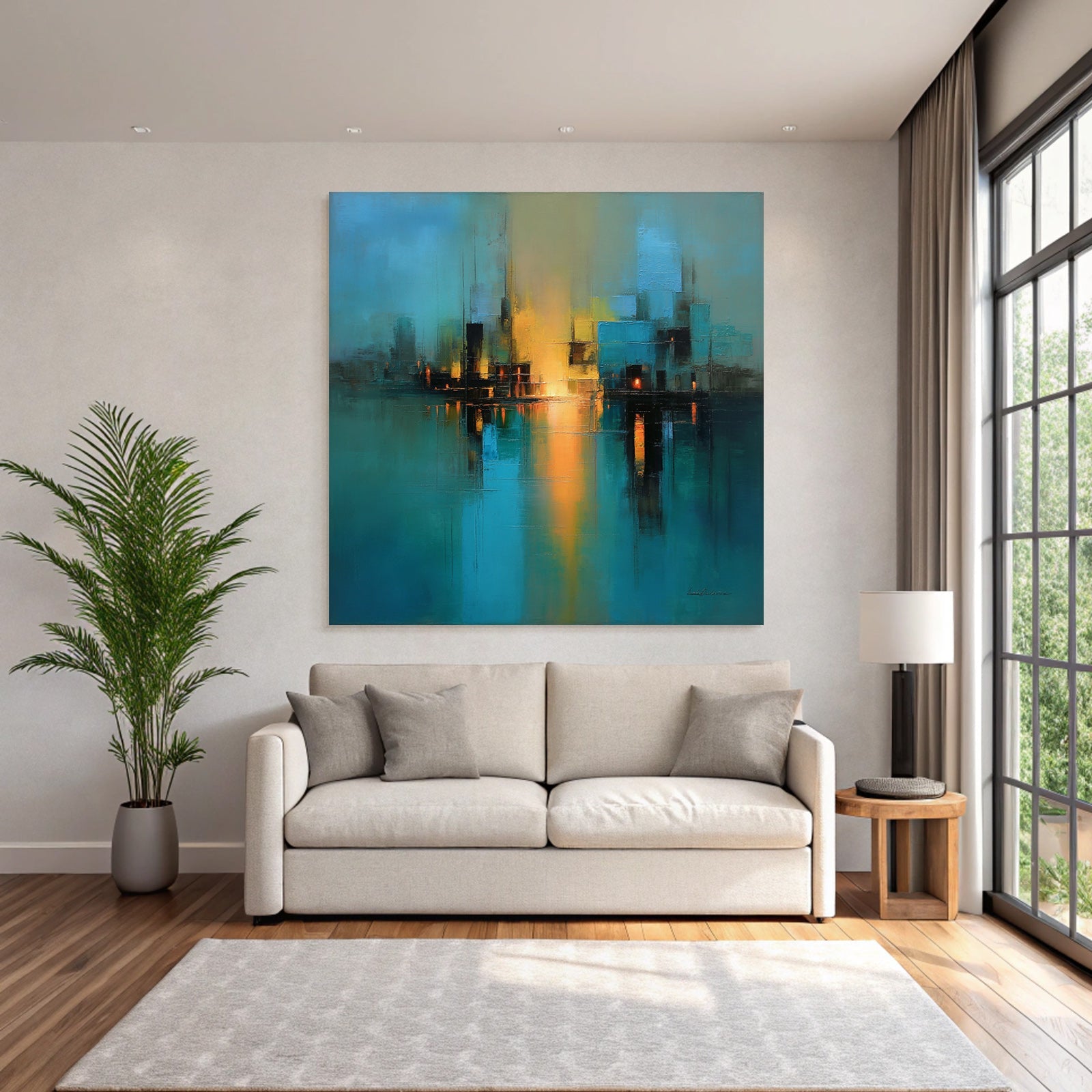 Abstraktes Gemälde Stadt Skyline Wasserfront Szene Blau Gelb Schwarz