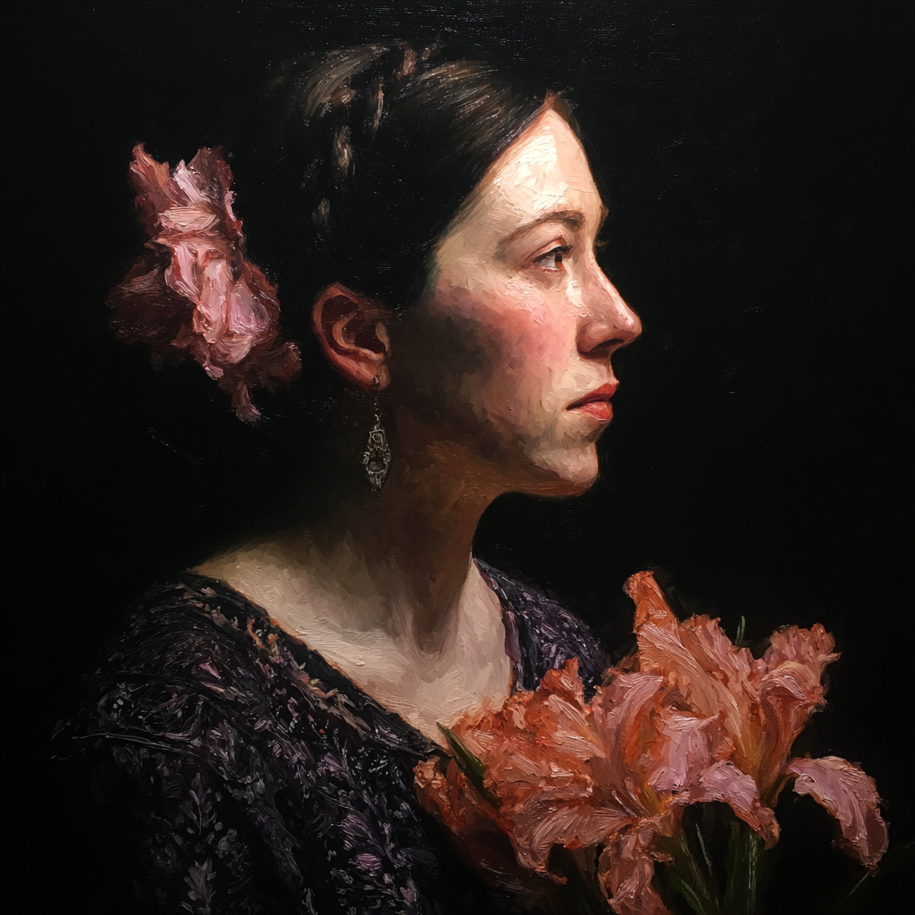Frau Mit Blumen Im Portrait Dunkler Hintergrund | Bronze Anthrazit Terrakotta | Farbenwelten