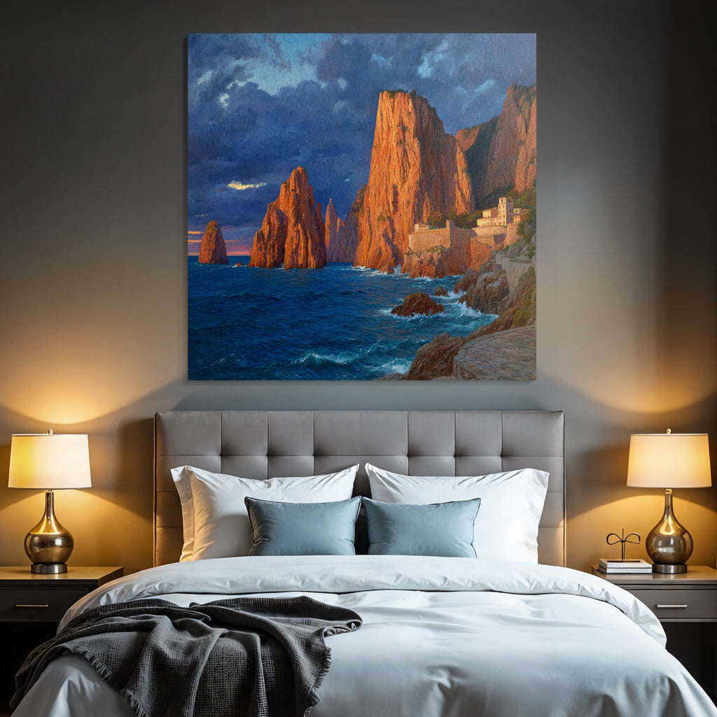 Küstenlandschaft Mit Felsen Und Siedlung Beim Wasser