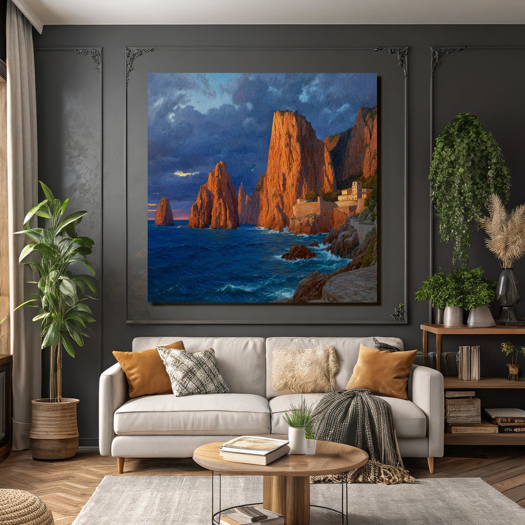 Küstenlandschaft Mit Felsen Und Siedlung Beim Wasser