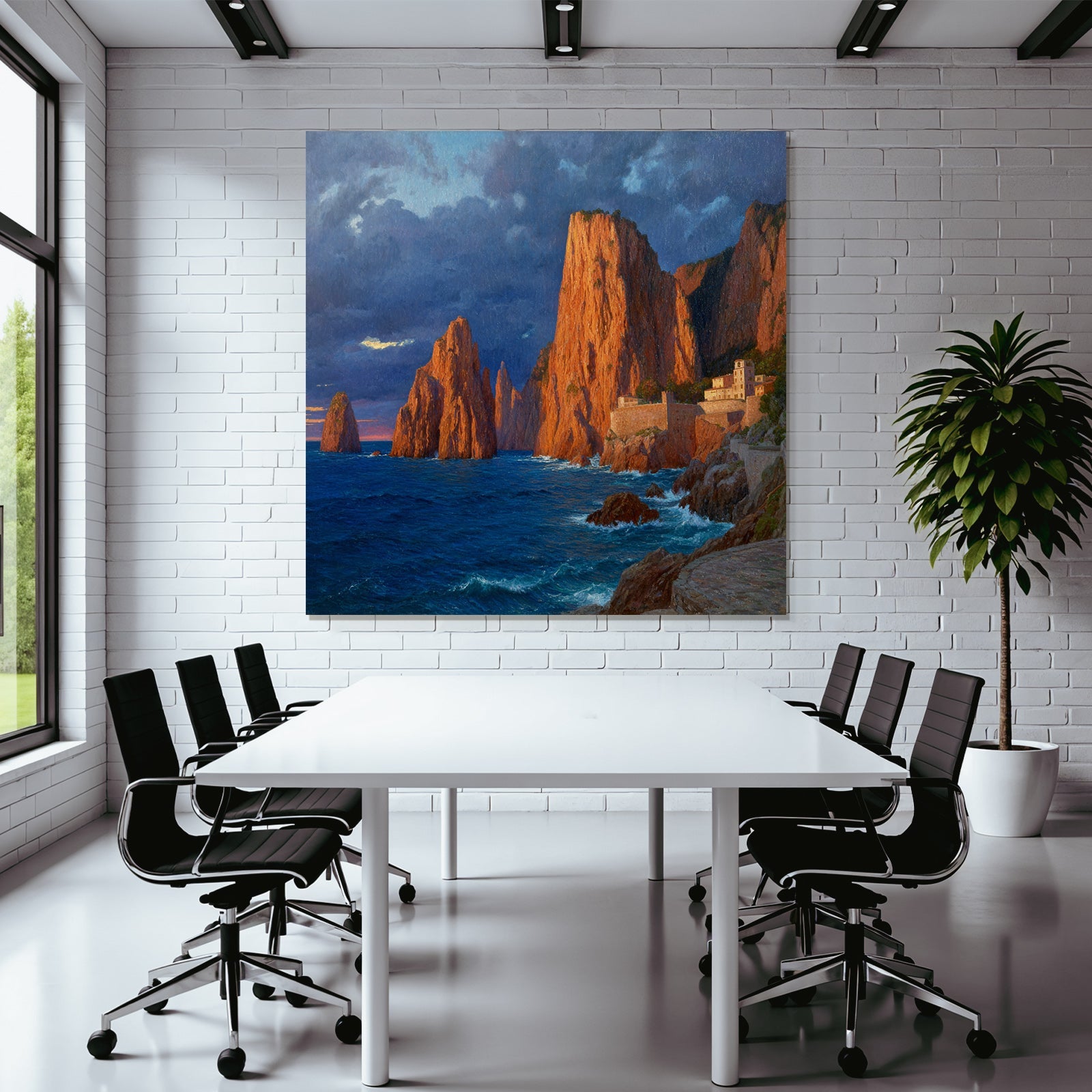 Küstenlandschaft Mit Felsen Und Siedlung Beim Wasser