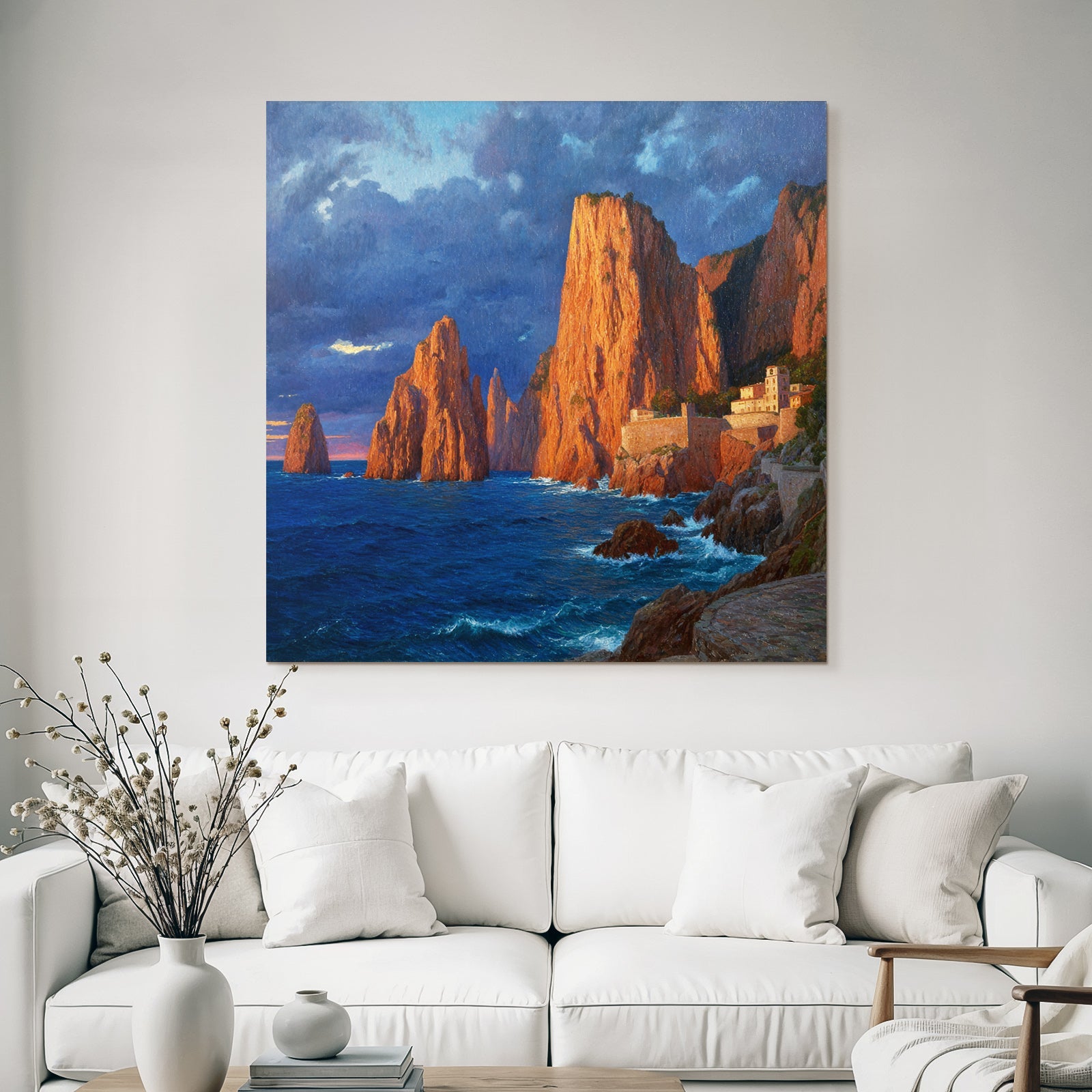 Küstenlandschaft Mit Felsen Und Siedlung Beim Wasser
