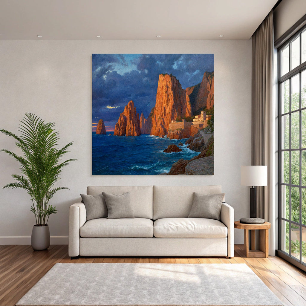 Küstenlandschaft Mit Felsen Und Siedlung Beim Wasser