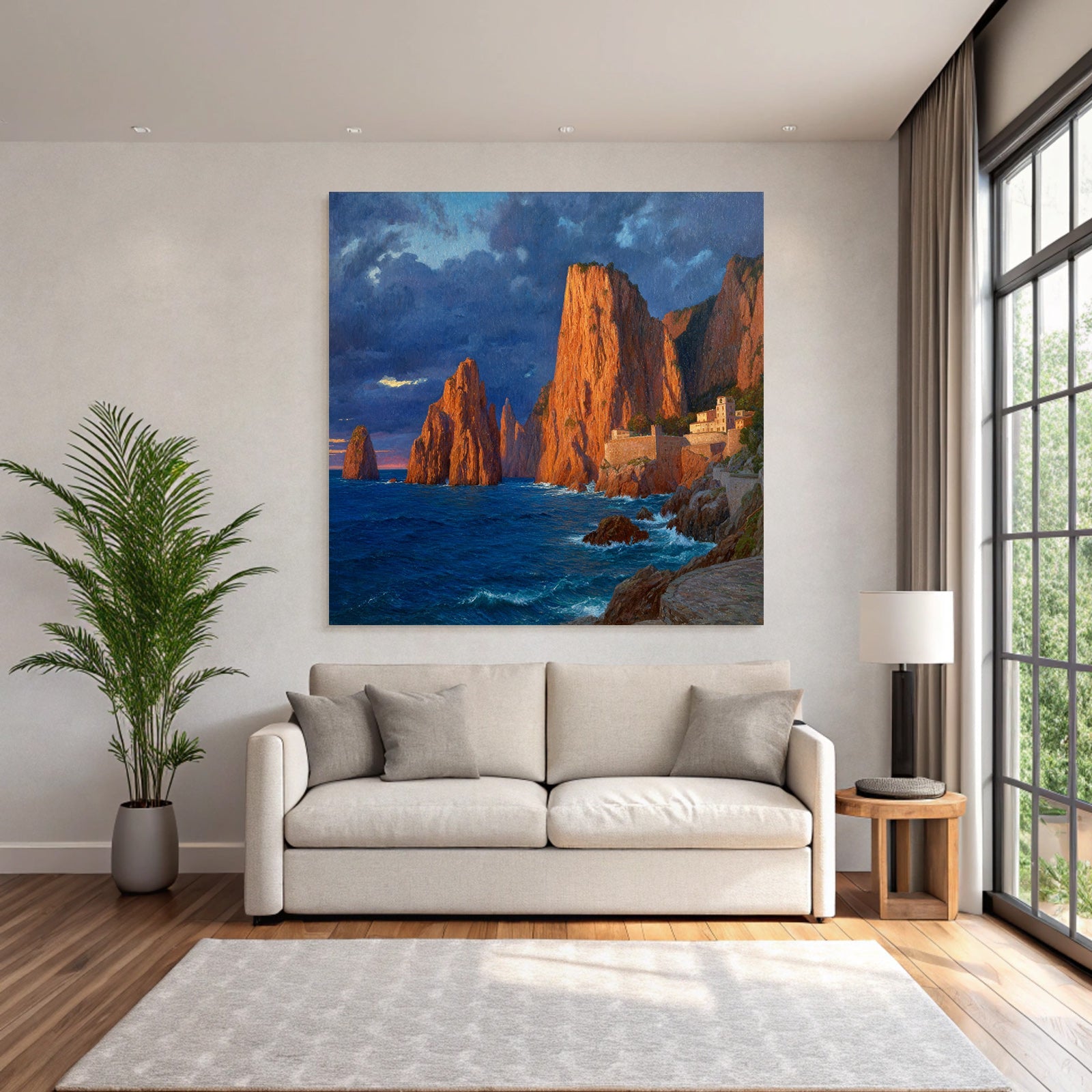 Küstenlandschaft Mit Felsen Und Siedlung Beim Wasser