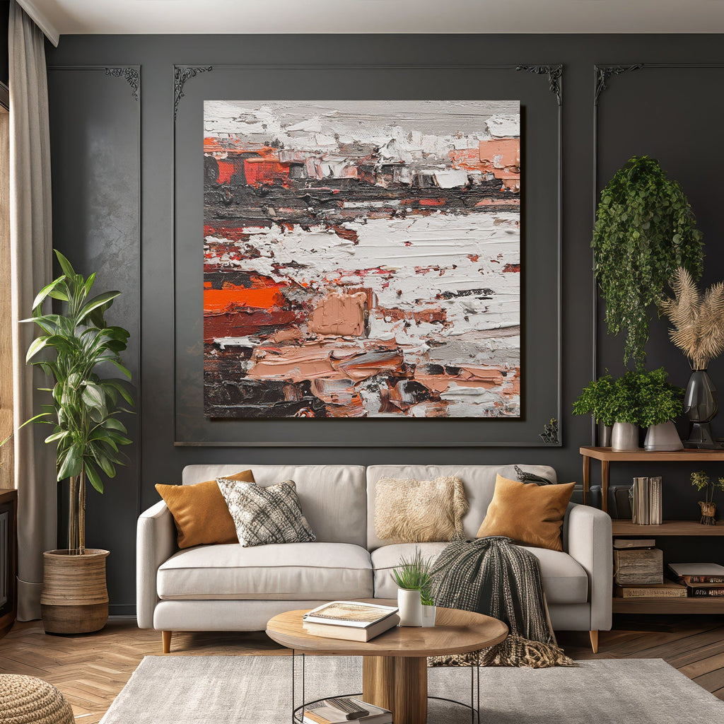 Texturiertes Gemälde Abstract Rot Schwarz Weiss Peach Impasto