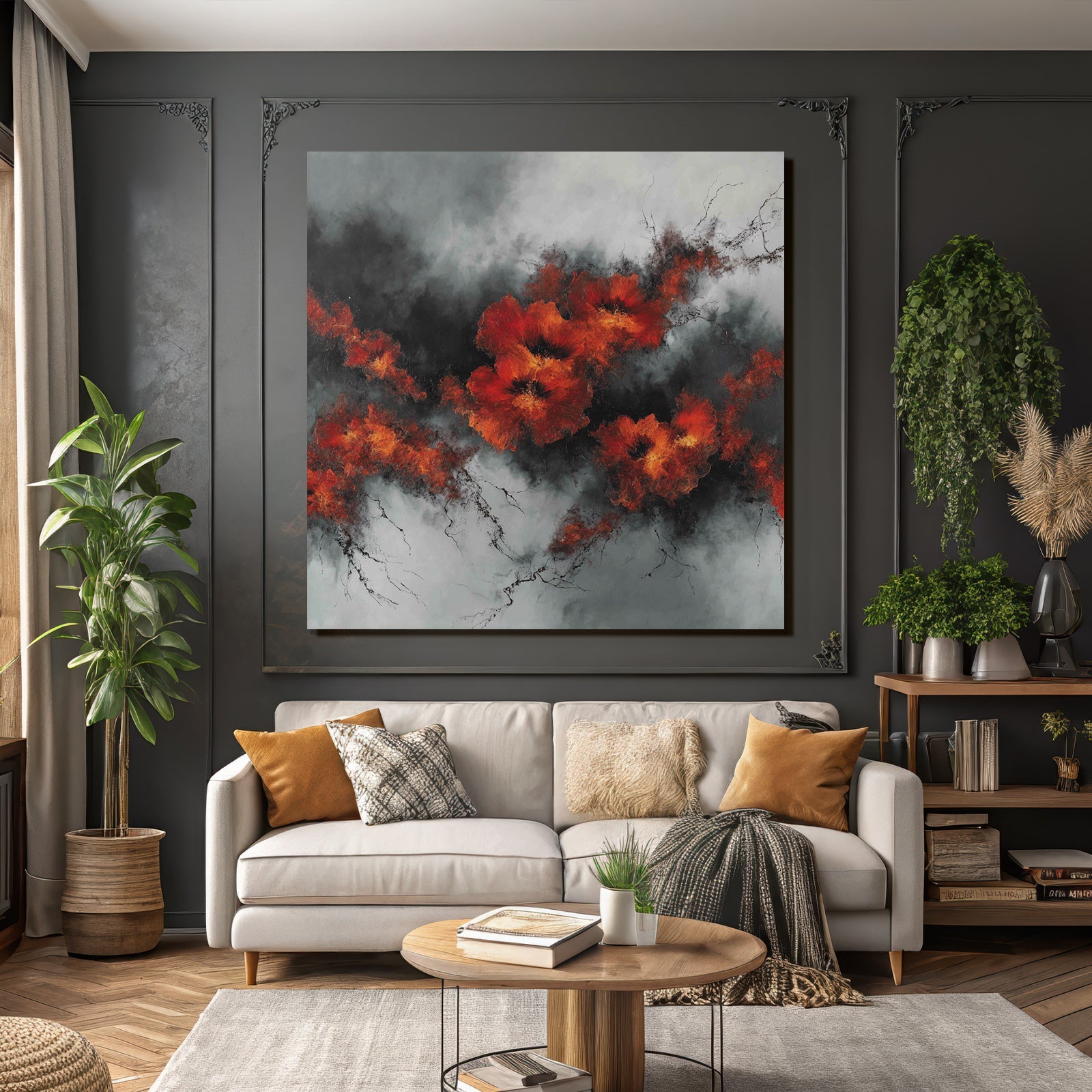 Vibrante Rote Blumen Auf Dunklem Hintergrund