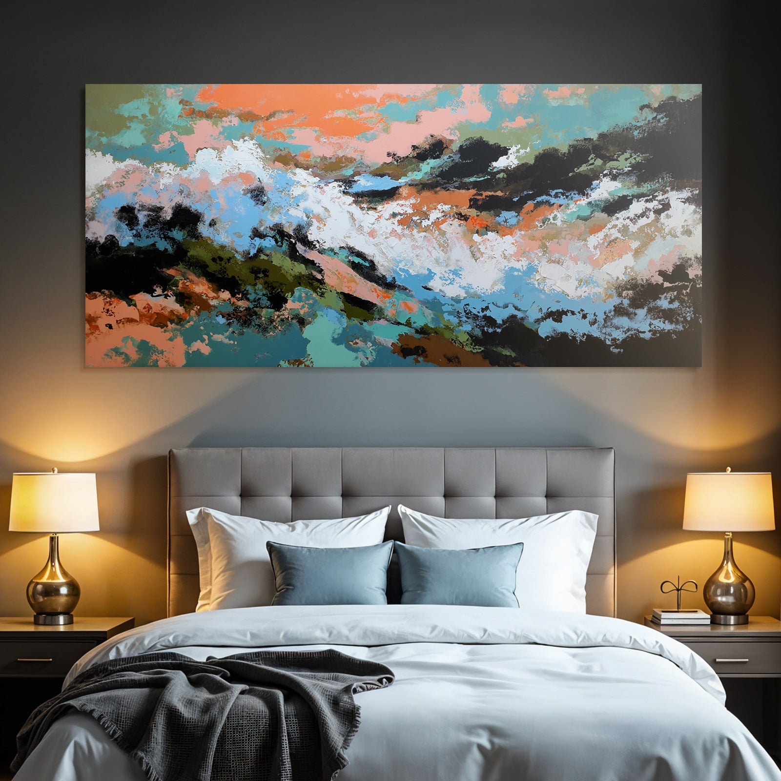Abstracte Malerei Dynamische Komposition Bold Farben Blau Orange Weiss Erdtöne