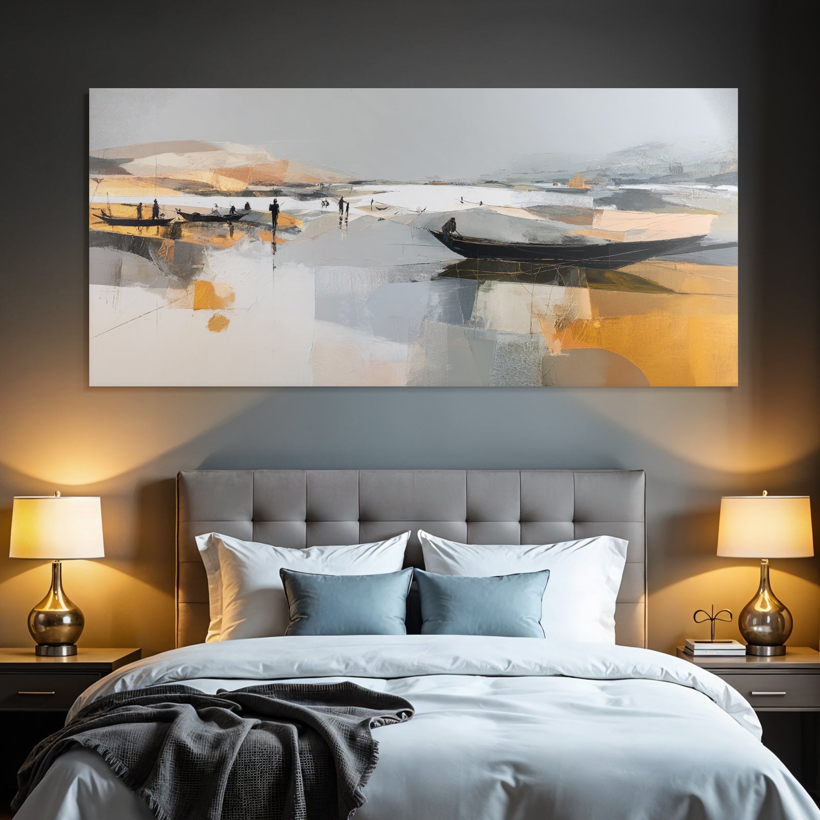 Abstrakte Landlandschaft Boote Figuren Wasser Dämmerung Goldene Reflexionen