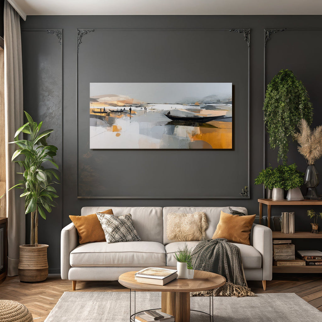 Abstrakte Landlandschaft Boote Figuren Wasser Dämmerung Goldene Reflexionen