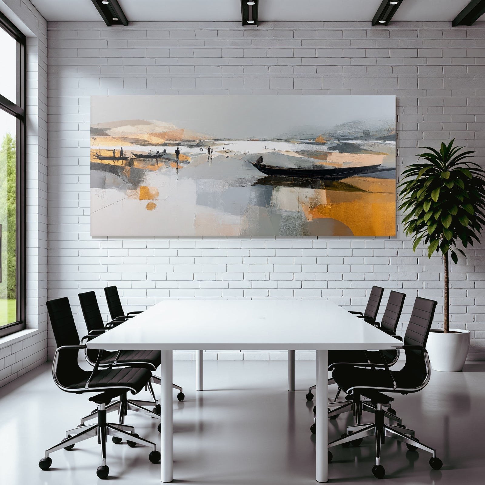 Abstrakte Landlandschaft Boote Figuren Wasser Dämmerung Goldene Reflexionen