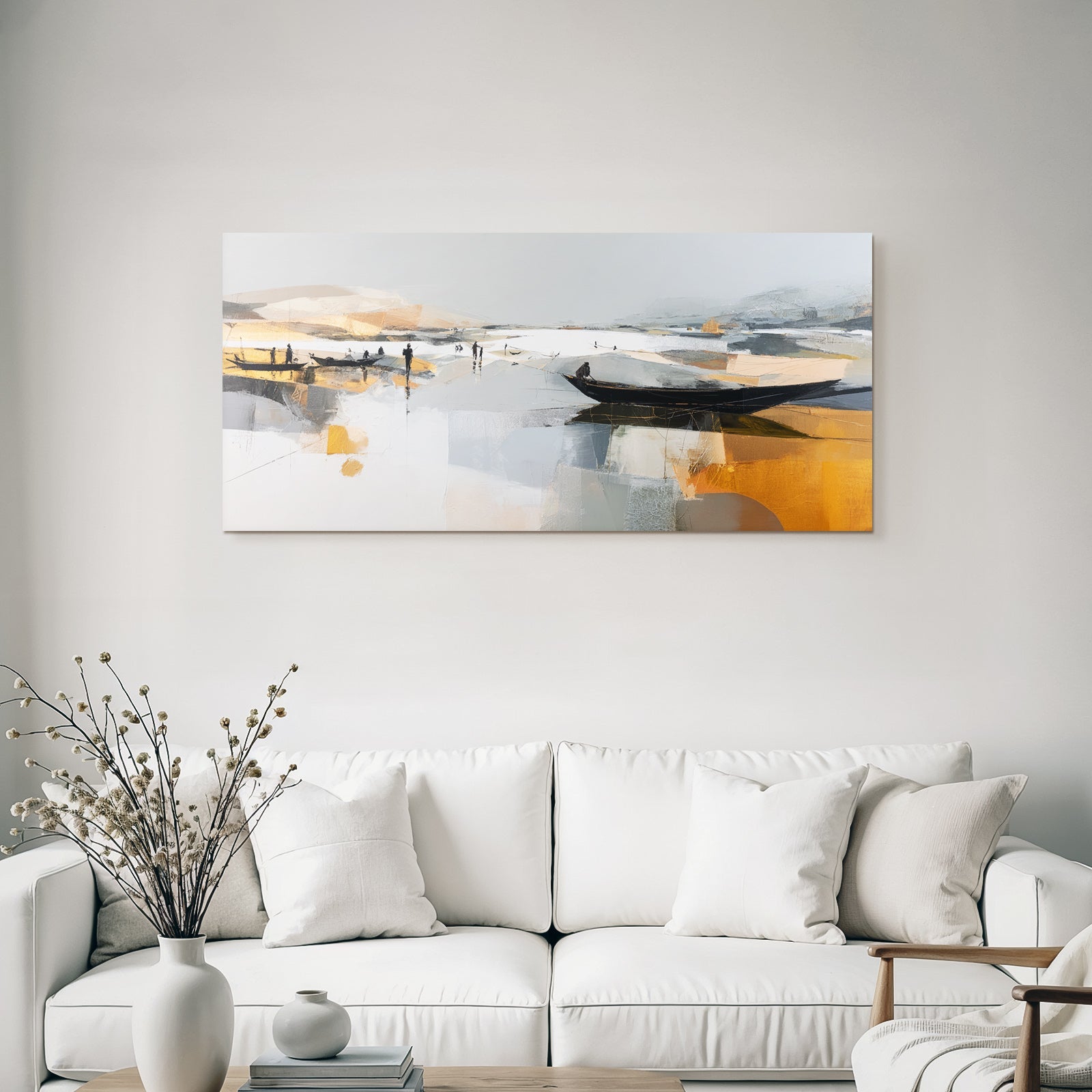 Abstrakte Landlandschaft Boote Figuren Wasser Dämmerung Goldene Reflexionen