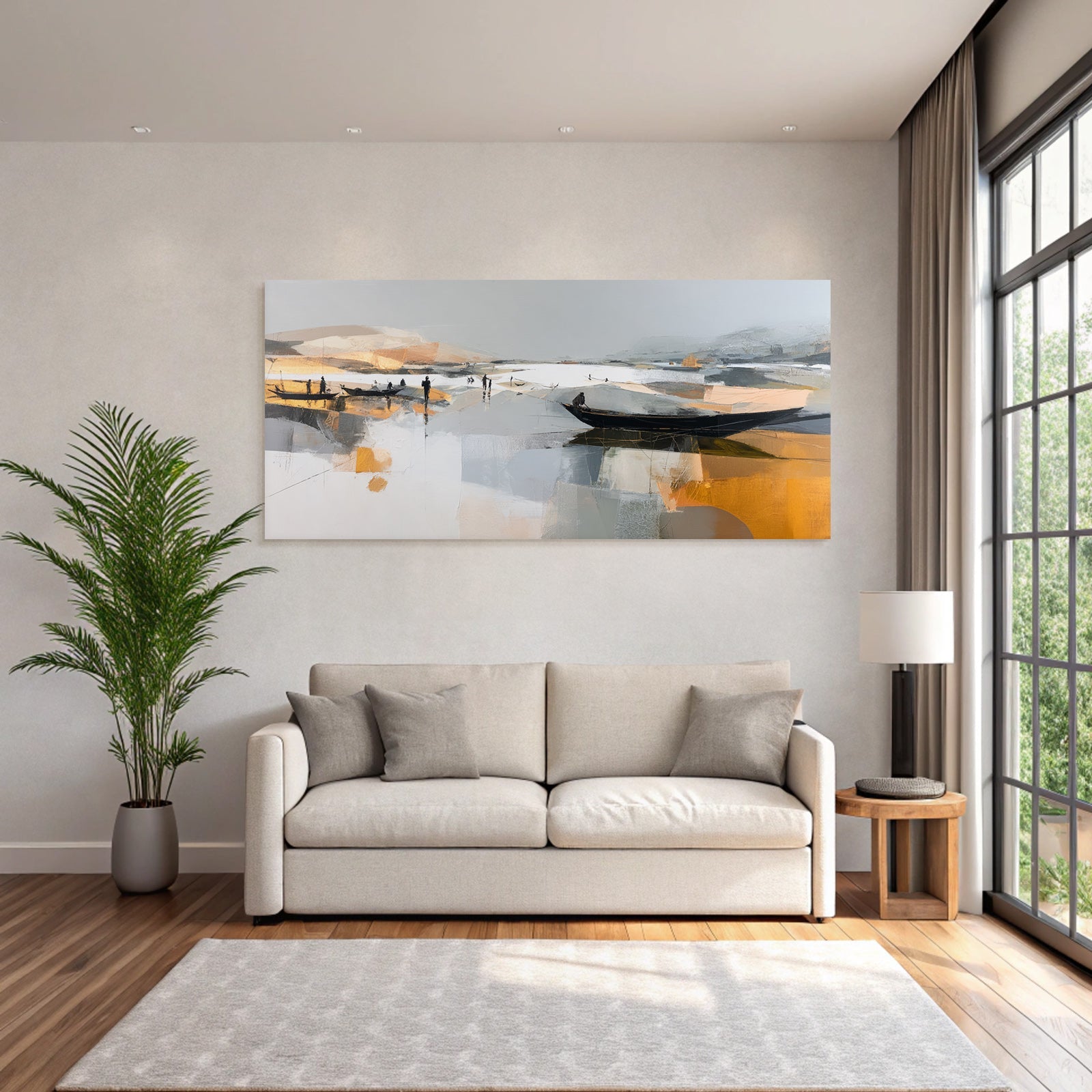 Abstrakte Landlandschaft Boote Figuren Wasser Dämmerung Goldene Reflexionen