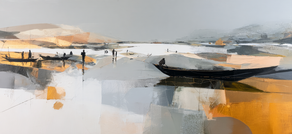 Abstrakte Landlandschaft Boote Figuren Wasser Dämmerung Goldene Reflexionen | Bronze Anthrazit Terrakotta | Farbenwelten