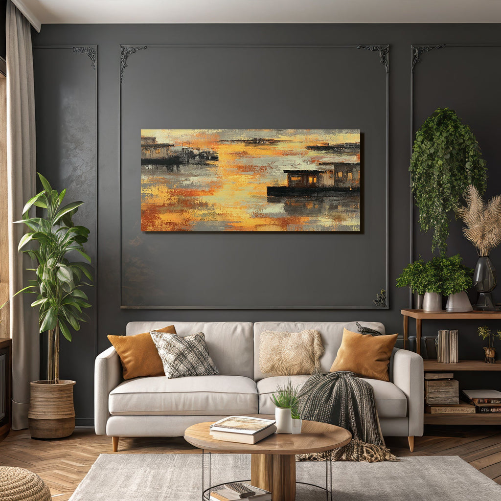 Abstrakte Landschaft Mit Wasser Und Strukturen Orange Gelb Grau