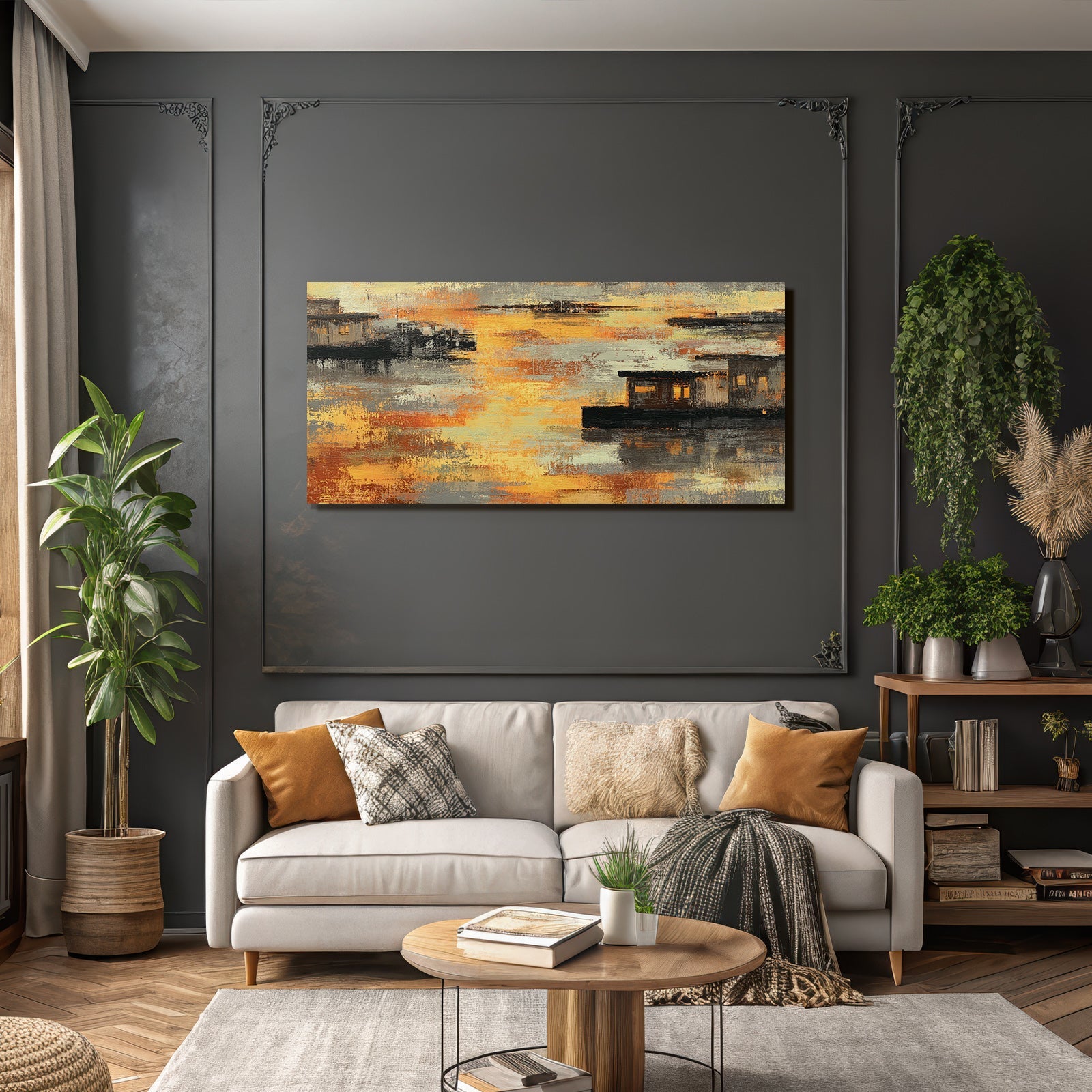 Abstrakte Landschaft Mit Wasser Und Strukturen Orange Gelb Grau