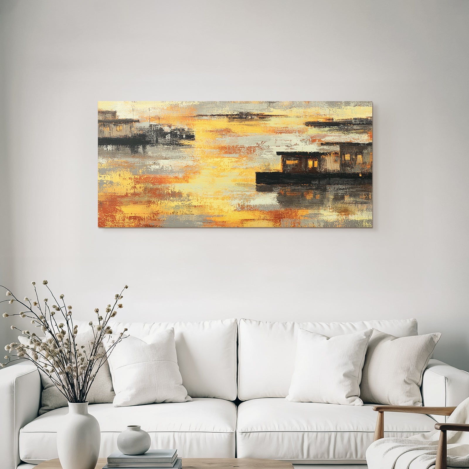 Abstrakte Landschaft Mit Wasser Und Strukturen Orange Gelb Grau