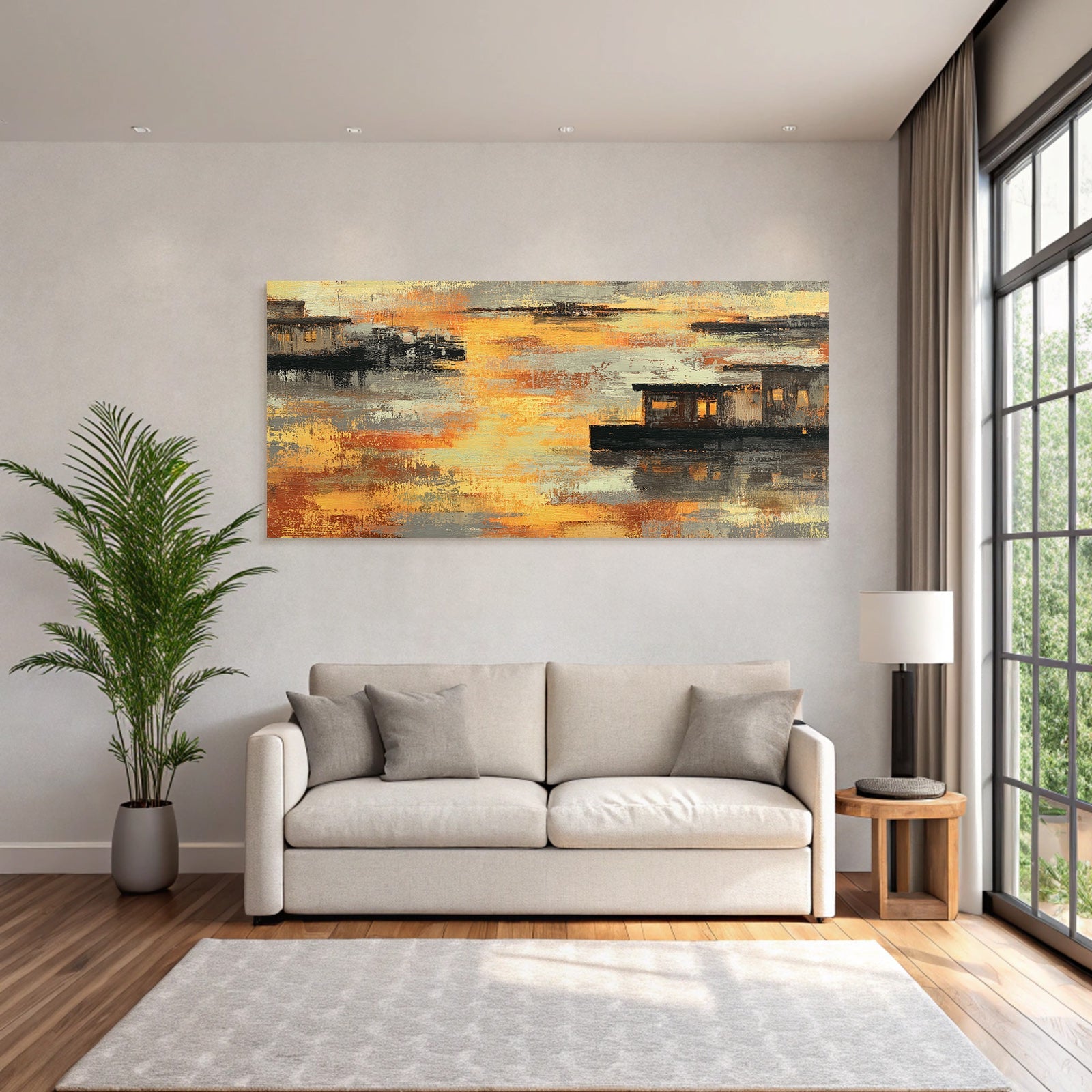 Abstrakte Landschaft Mit Wasser Und Strukturen Orange Gelb Grau
