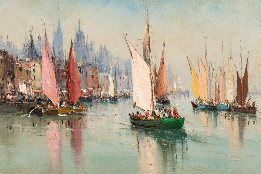 Boats On Water Cityscape Tranquil Moment Maritimes Kunst | Bronze Anthrazit Terrakotta | Farbenwelten