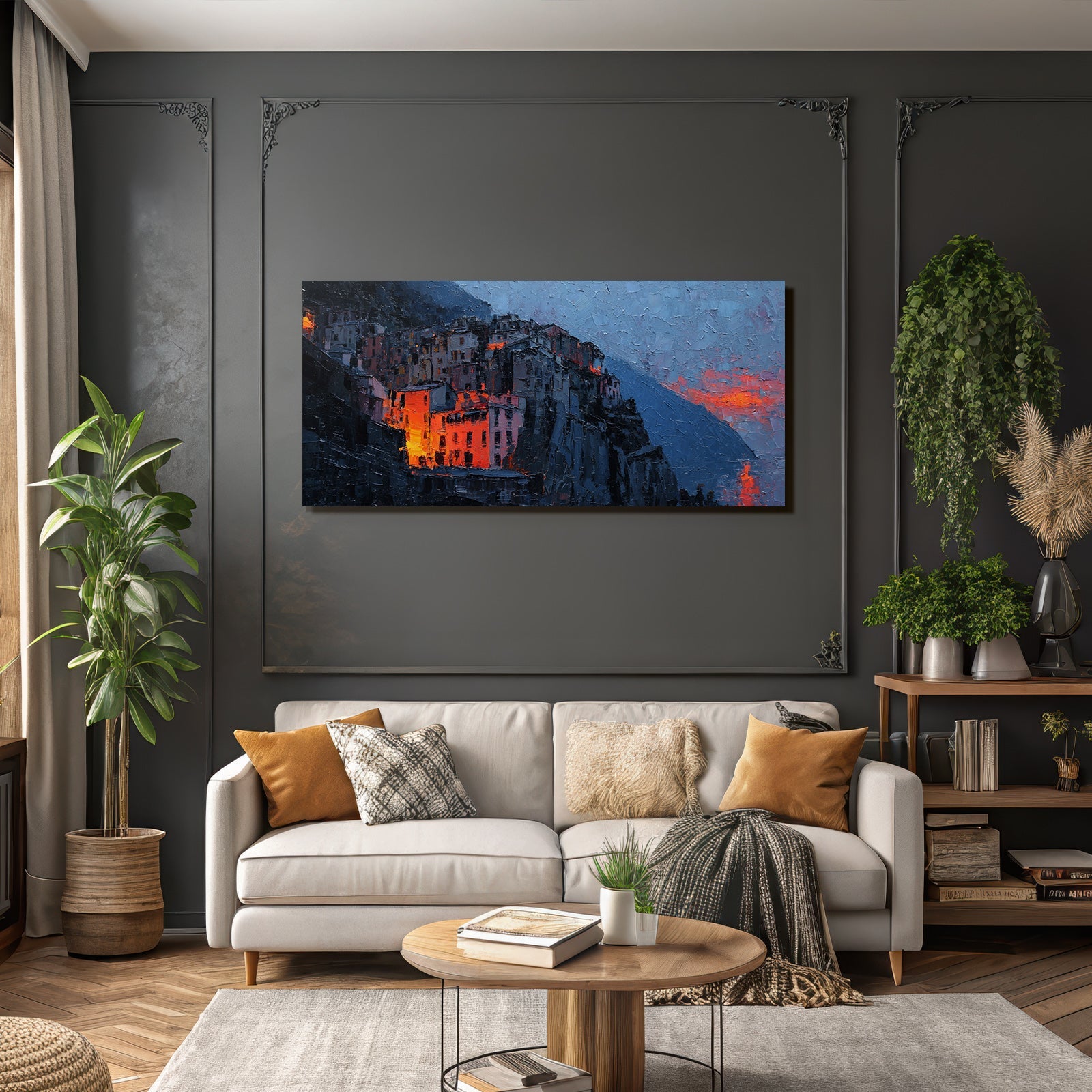 Dramatische Landschaft Mit Gebauden Am Hang Im Dunst Der Dämmerung