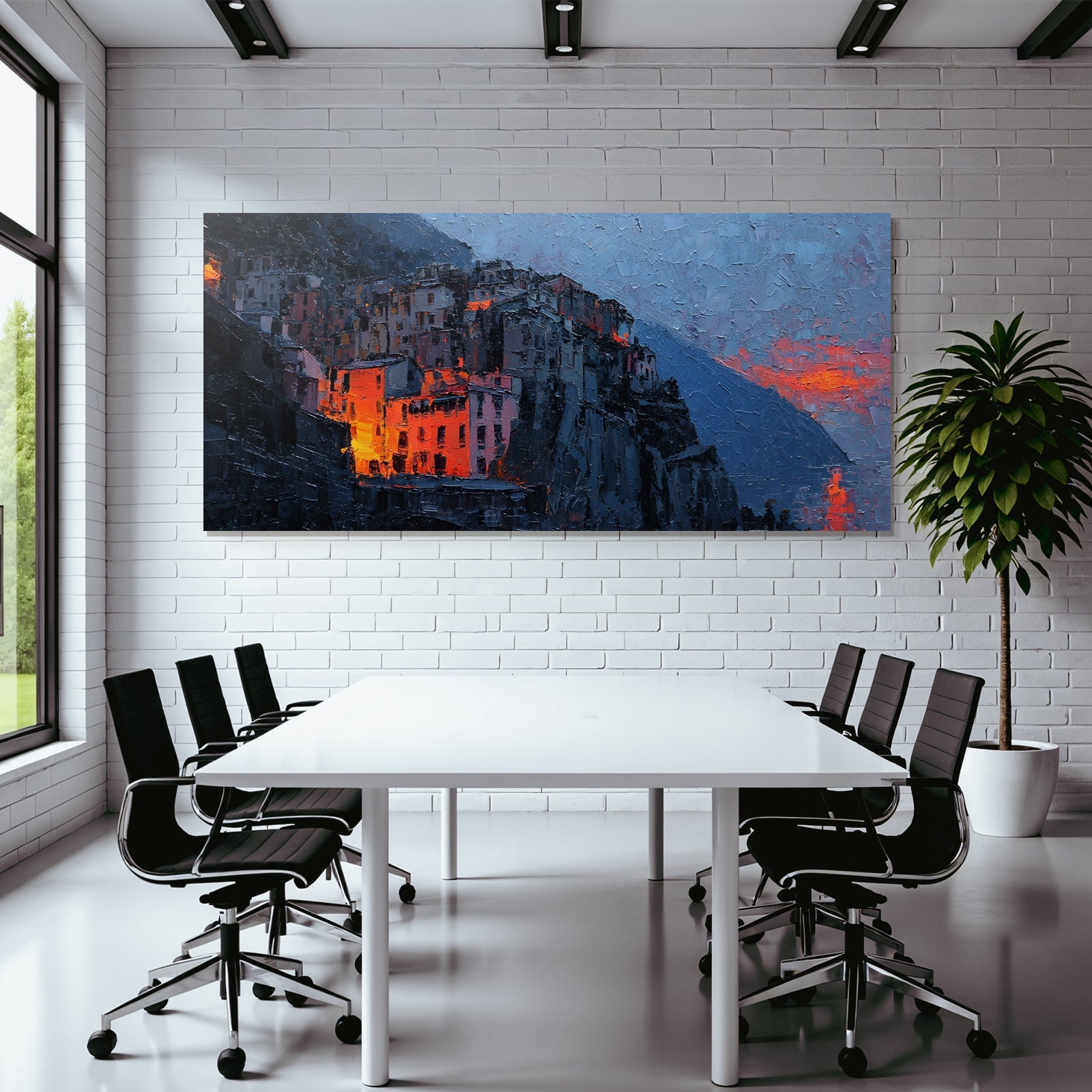 Dramatische Landschaft Mit Gebauden Am Hang Im Dunst Der Dämmerung