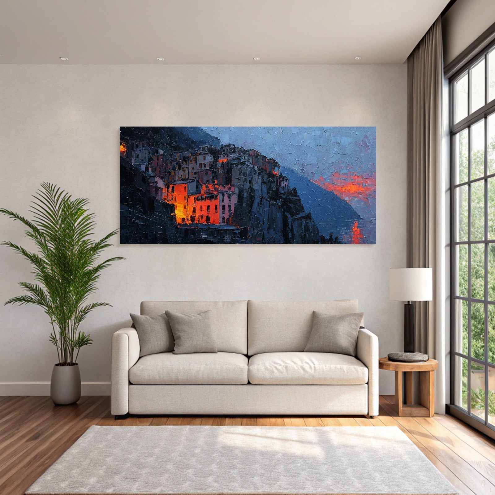 Dramatische Landschaft Mit Gebauden Am Hang Im Dunst Der Dämmerung