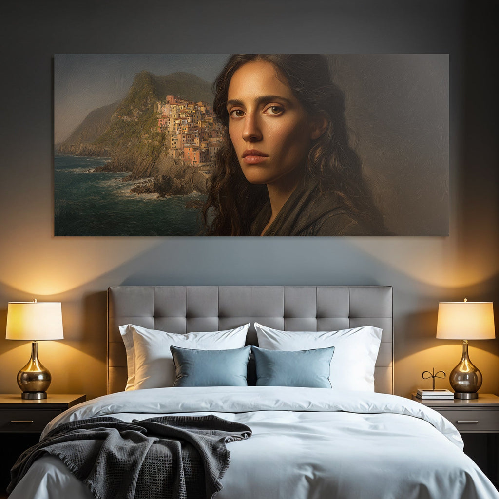 Frau Mit Ernstem Ausdruck Küstenblick Klippen Dorf Painterly Kunstwerk