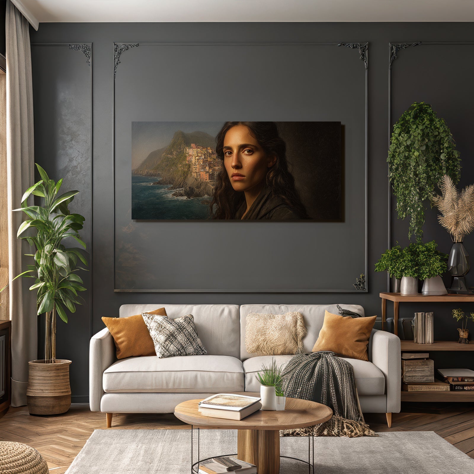 Frau Mit Ernstem Ausdruck Küstenblick Klippen Dorf Painterly Kunstwerk