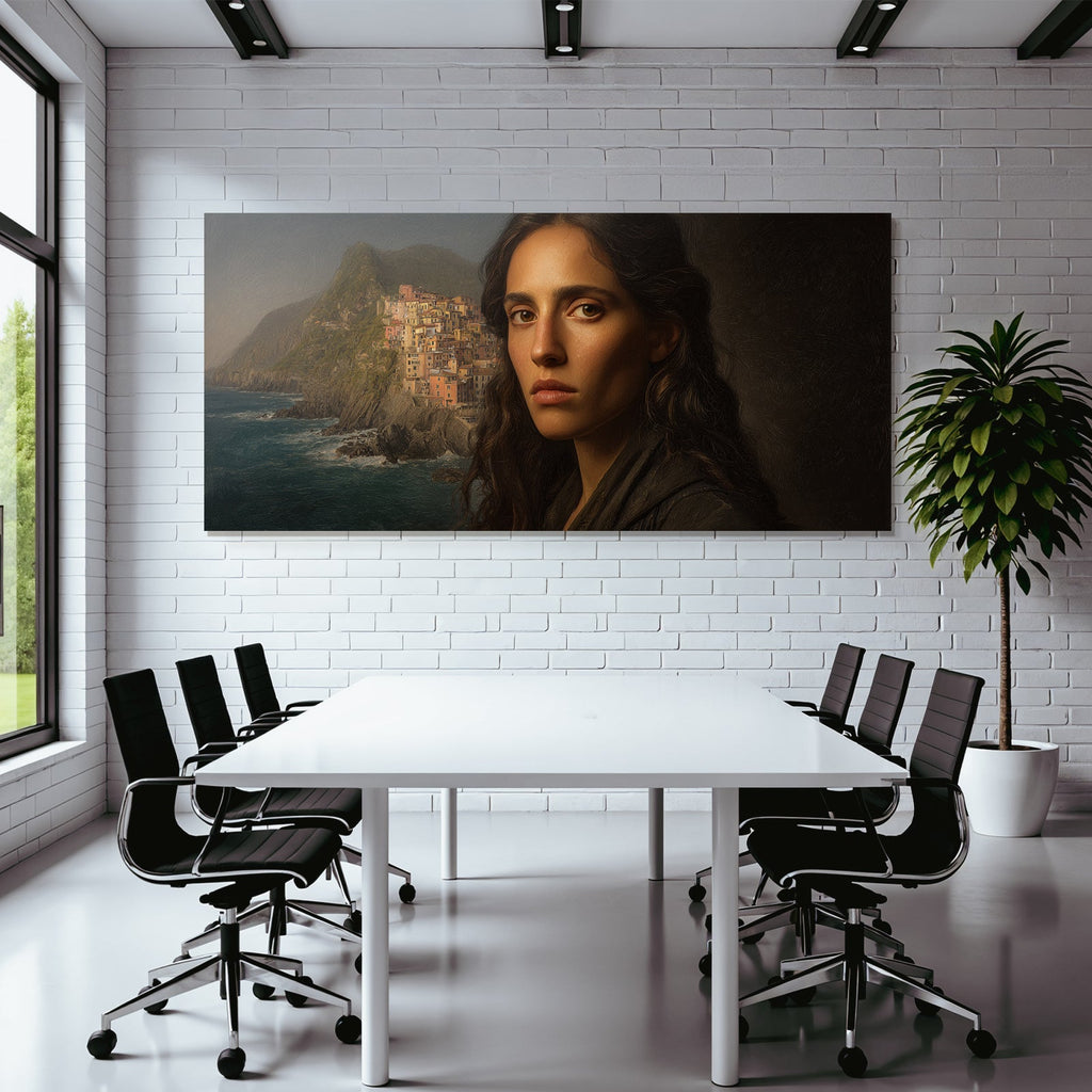 Frau Mit Ernstem Ausdruck Küstenblick Klippen Dorf Painterly Kunstwerk