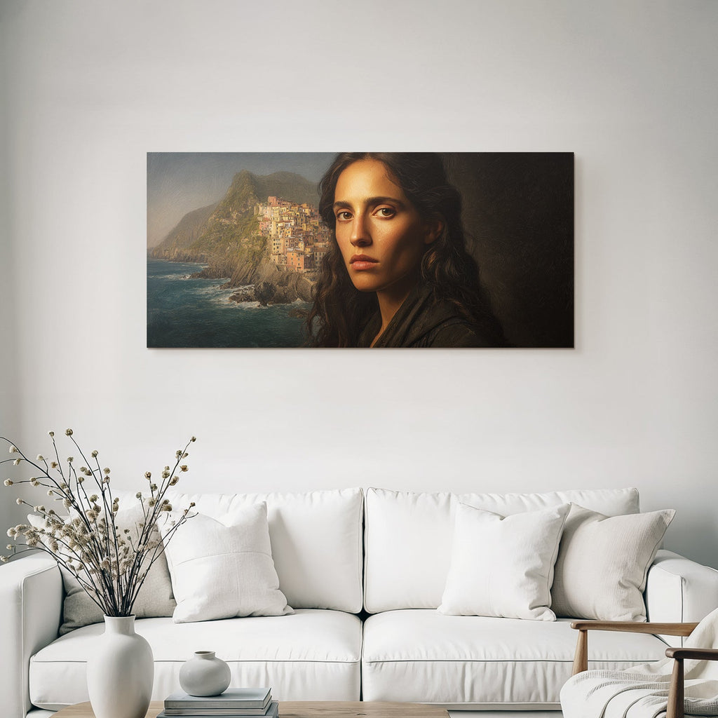 Frau Mit Ernstem Ausdruck Küstenblick Klippen Dorf Painterly Kunstwerk