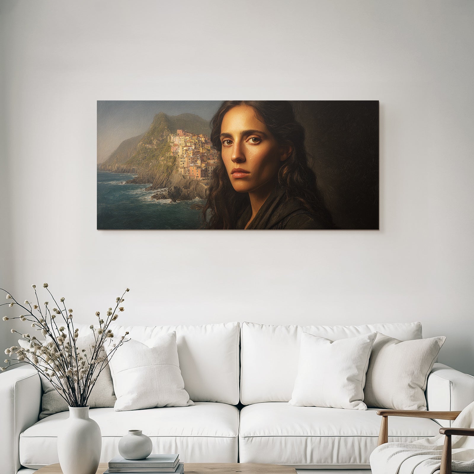 Frau Mit Ernstem Ausdruck Küstenblick Klippen Dorf Painterly Kunstwerk