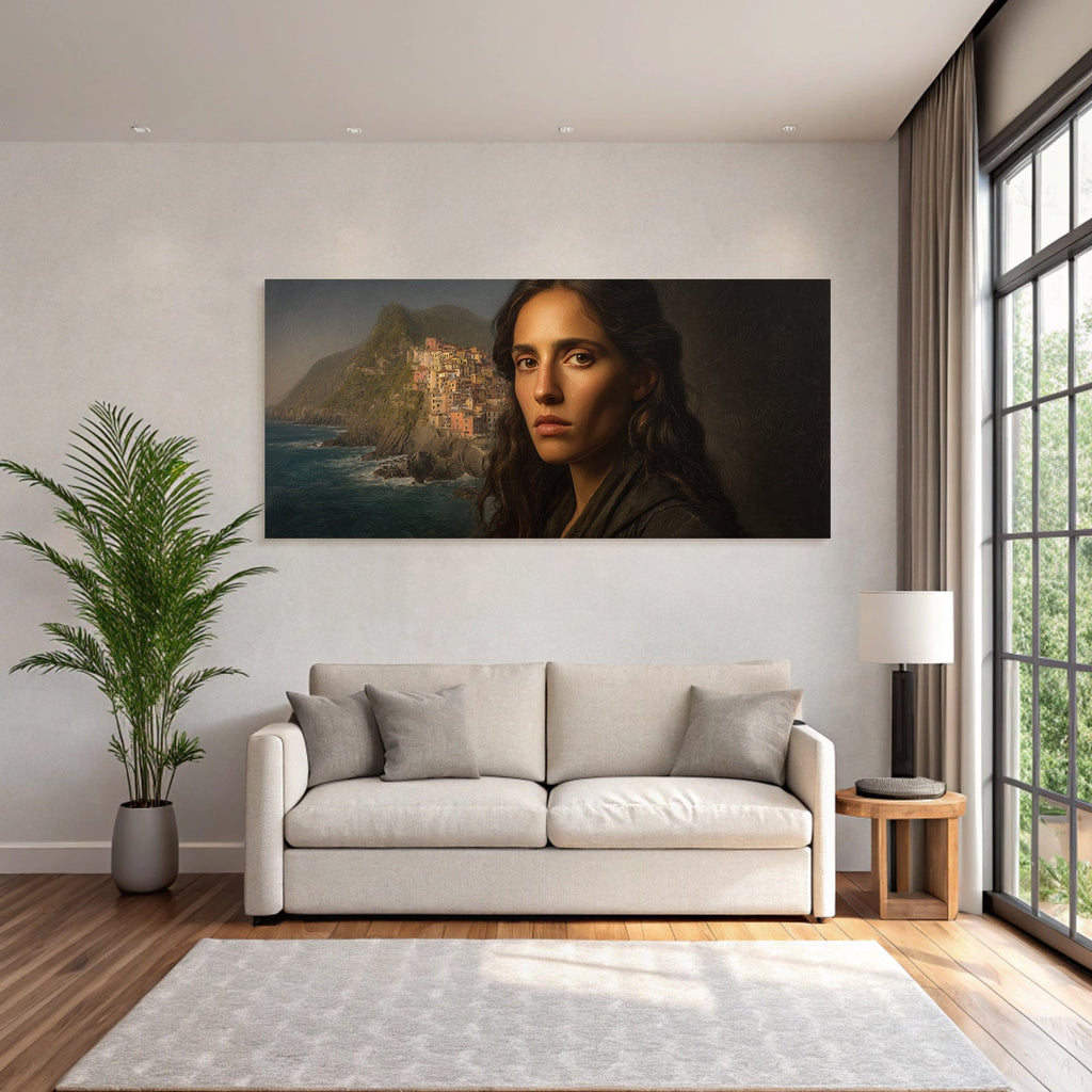 Frau Mit Ernstem Ausdruck Küstenblick Klippen Dorf Painterly Kunstwerk