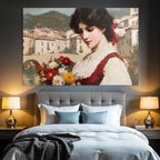 Junges Mädchen Mit Blumen Impressionistische Malerei Quaint Stadt Hintergrund