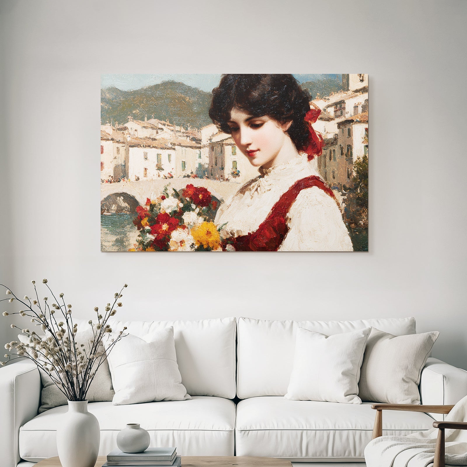 Junges Mädchen Mit Blumen Impressionistische Malerei Quaint Stadt Hintergrund