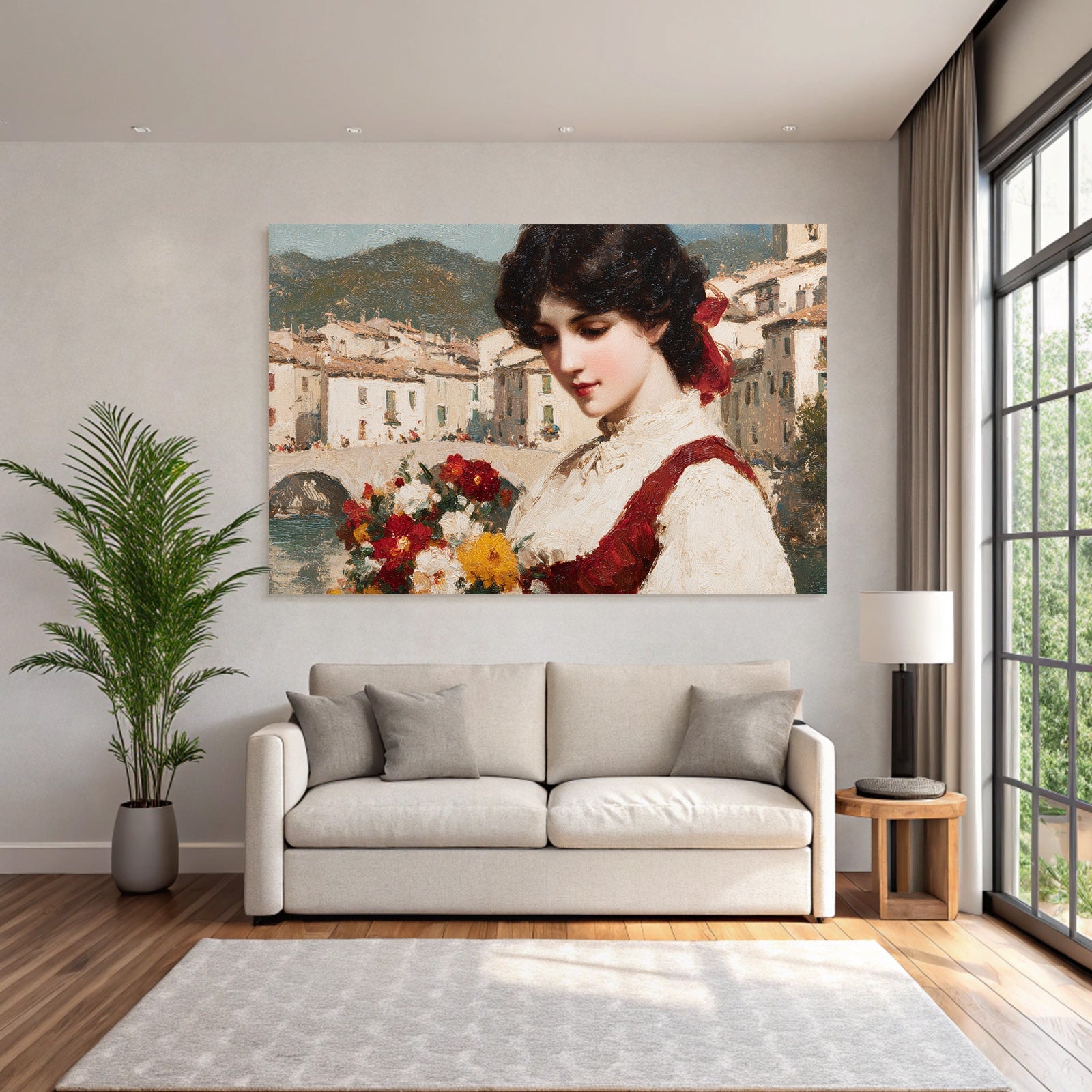 Junges Mädchen Mit Blumen Impressionistische Malerei Quaint Stadt Hintergrund