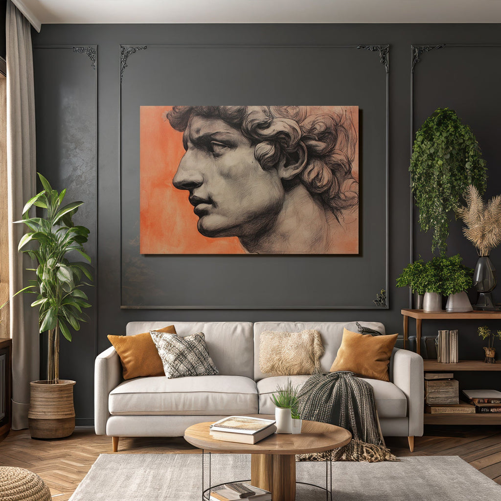 Klassische Skulptur Mann Profil Künstlerisches Rendering Orange Hintergrund