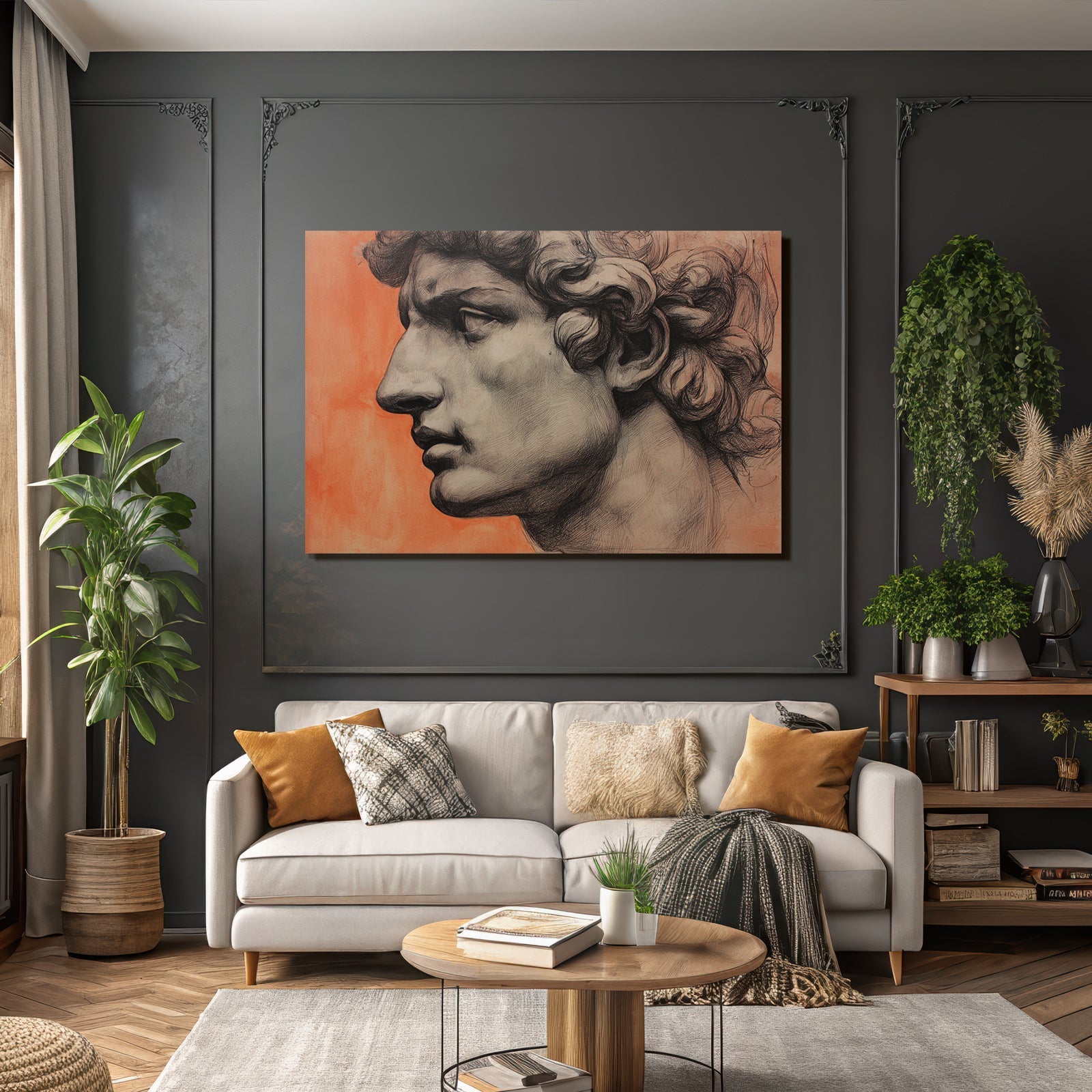 Klassische Skulptur Mann Profil Künstlerisches Rendering Orange Hintergrund