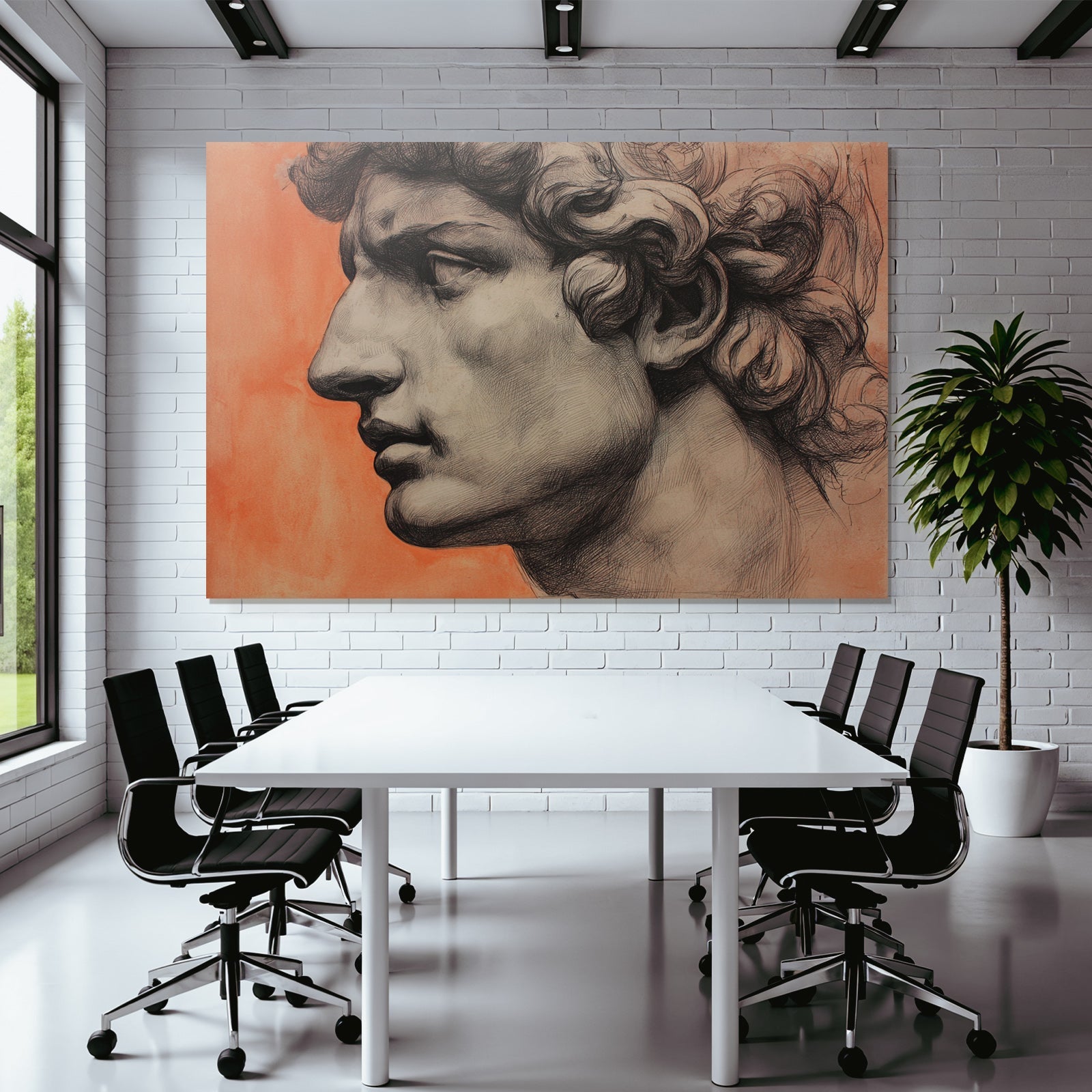 Klassische Skulptur Mann Profil Künstlerisches Rendering Orange Hintergrund