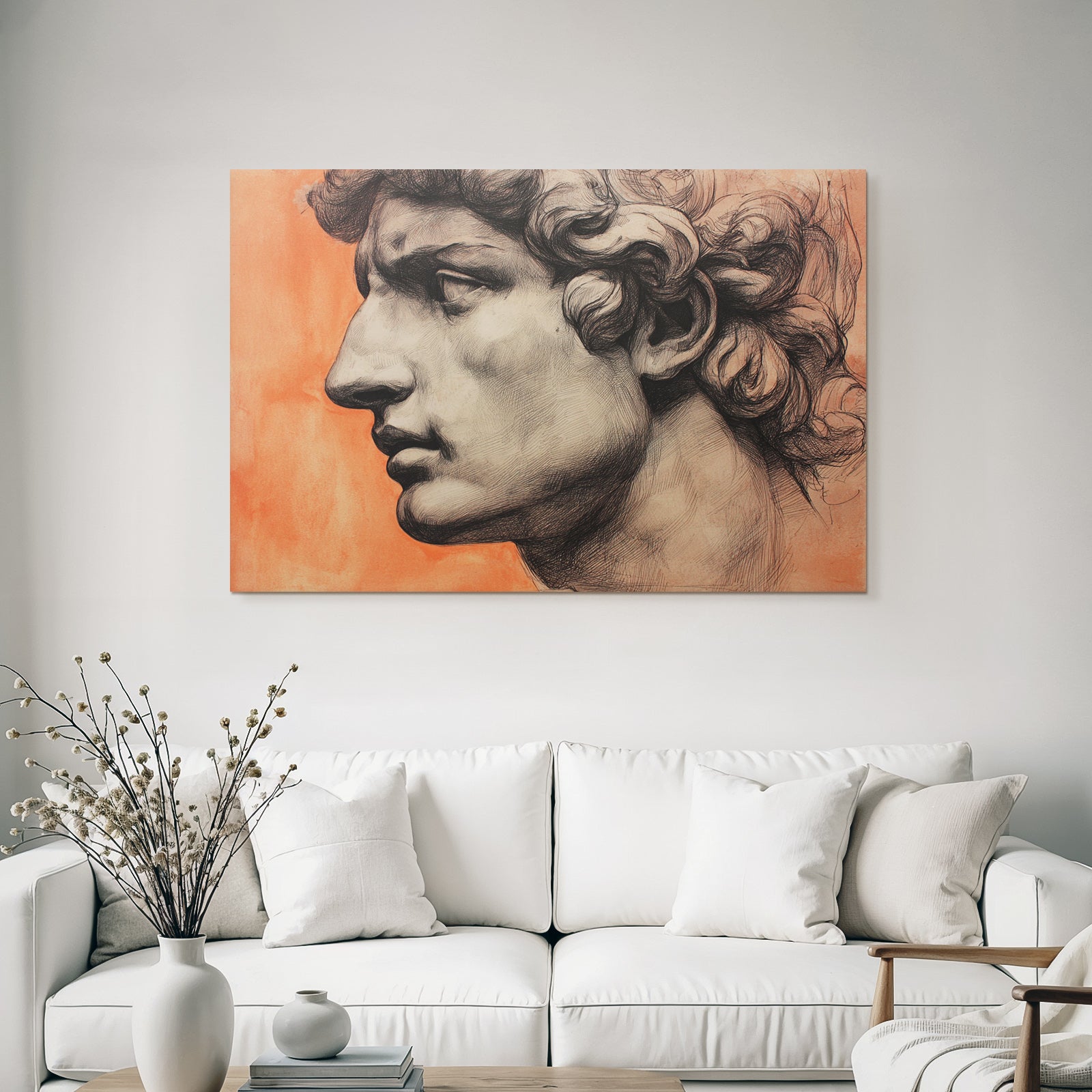 Klassische Skulptur Mann Profil Künstlerisches Rendering Orange Hintergrund