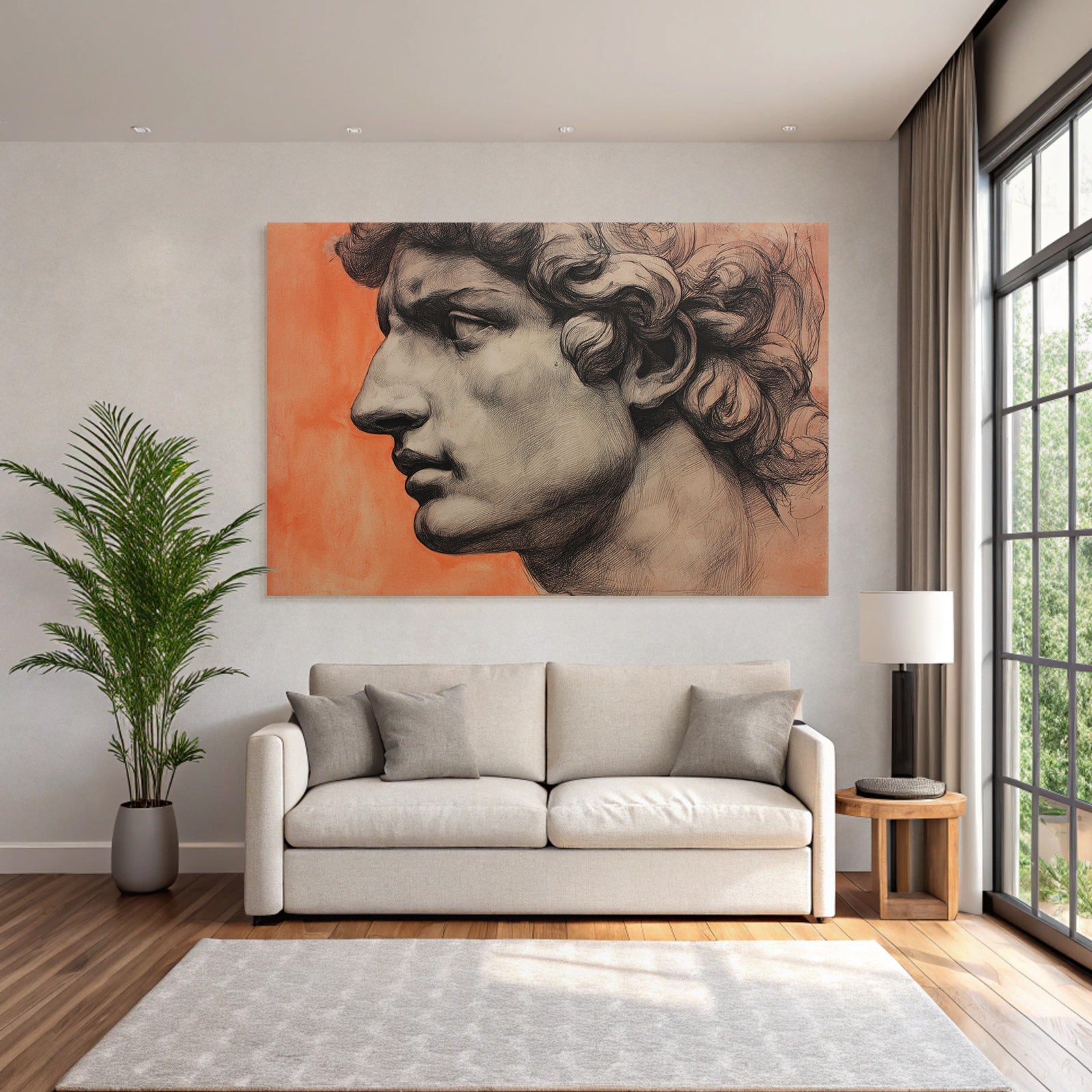 Klassische Skulptur Mann Profil Künstlerisches Rendering Orange Hintergrund