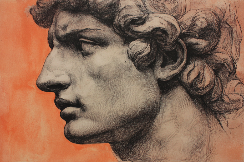 Klassische Skulptur Mann Profil Künstlerisches Rendering Orange Hintergrund | Bronze Anthrazit Terrakotta | Farbenwelten