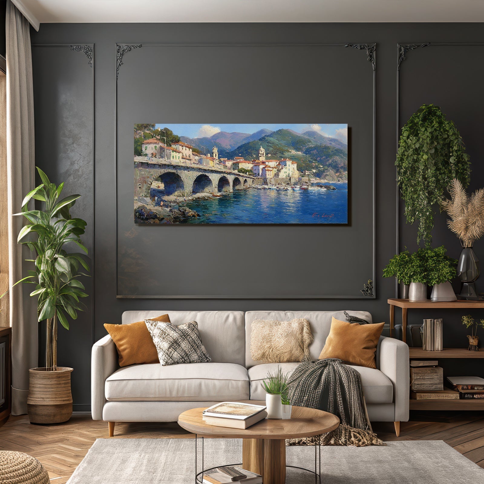 Küsten Dorf Mit Brücke Und Bunter Architektur Impressionistische Malerei