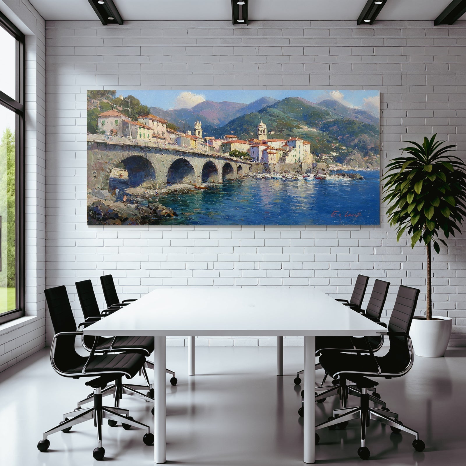 Küsten Dorf Mit Brücke Und Bunter Architektur Impressionistische Malerei