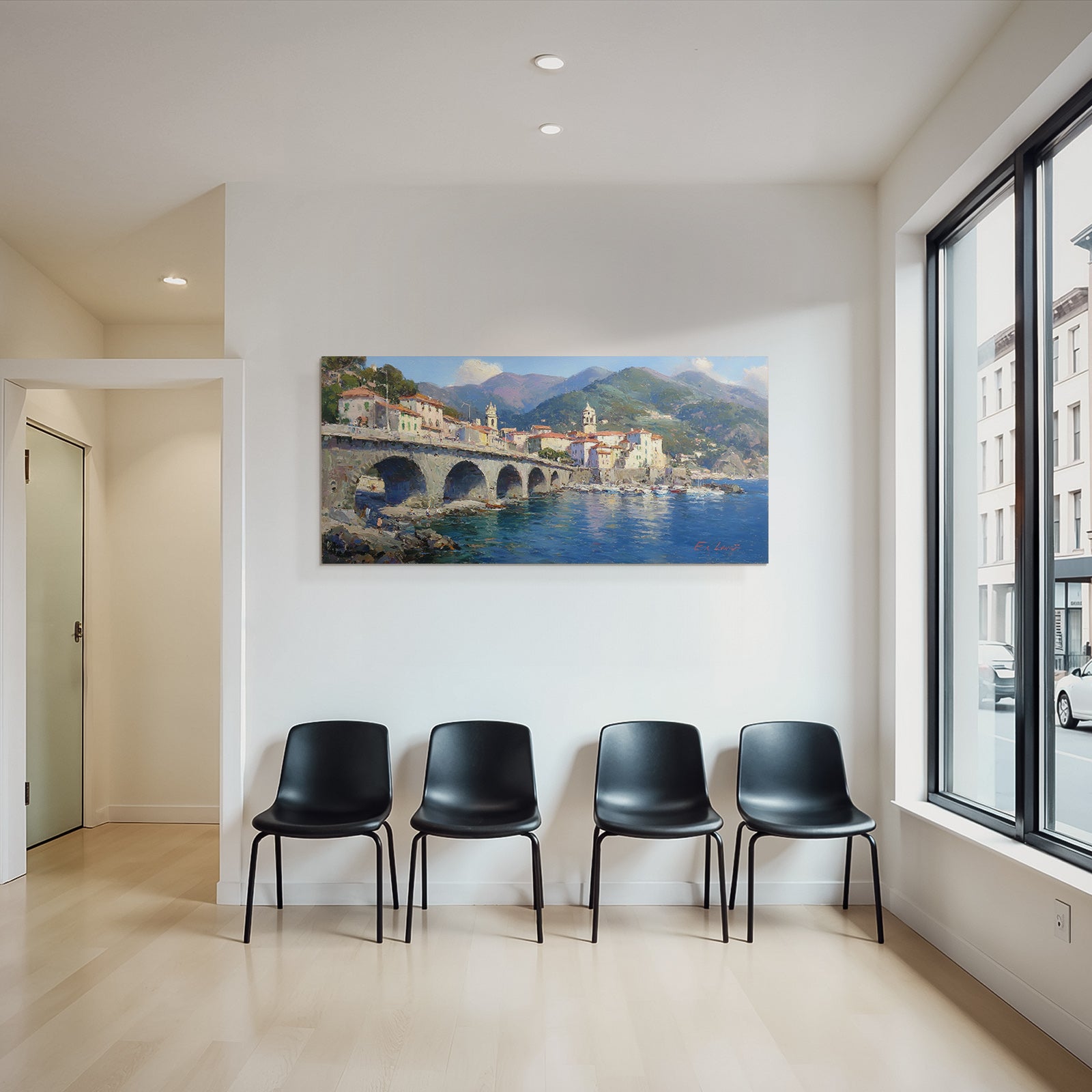 Küsten Dorf Mit Brücke Und Bunter Architektur Impressionistische Malerei