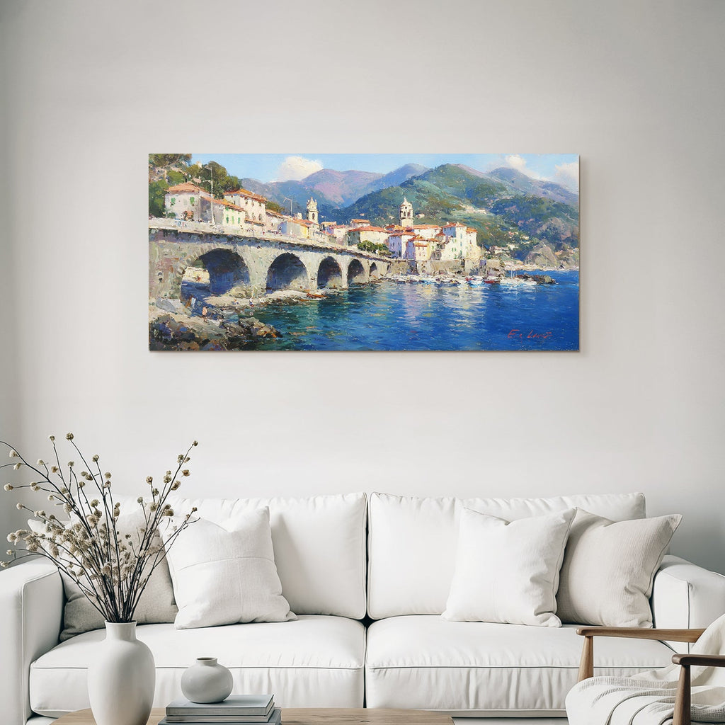 Küsten Dorf Mit Brücke Und Bunter Architektur Impressionistische Malerei