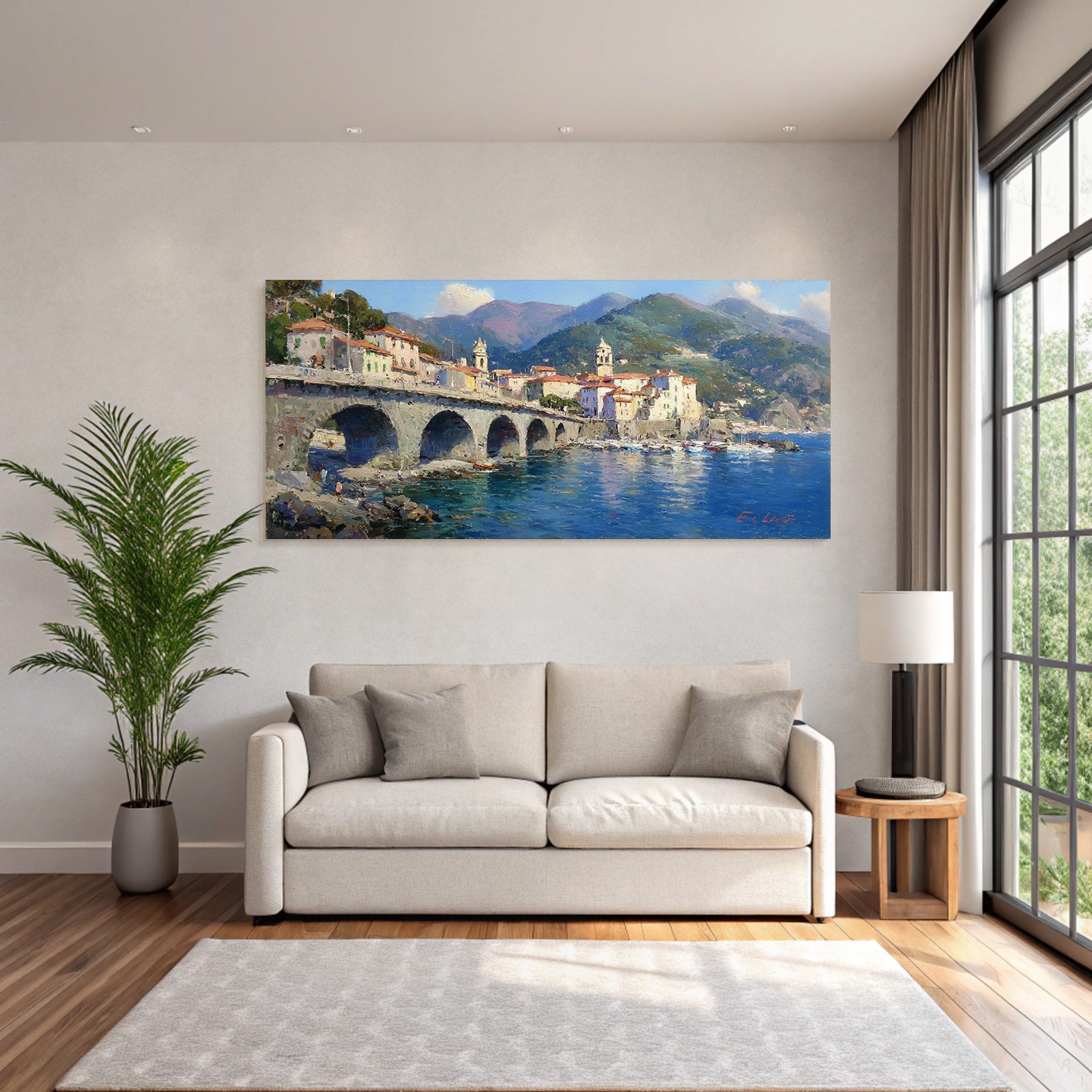 Küsten Dorf Mit Brücke Und Bunter Architektur Impressionistische Malerei