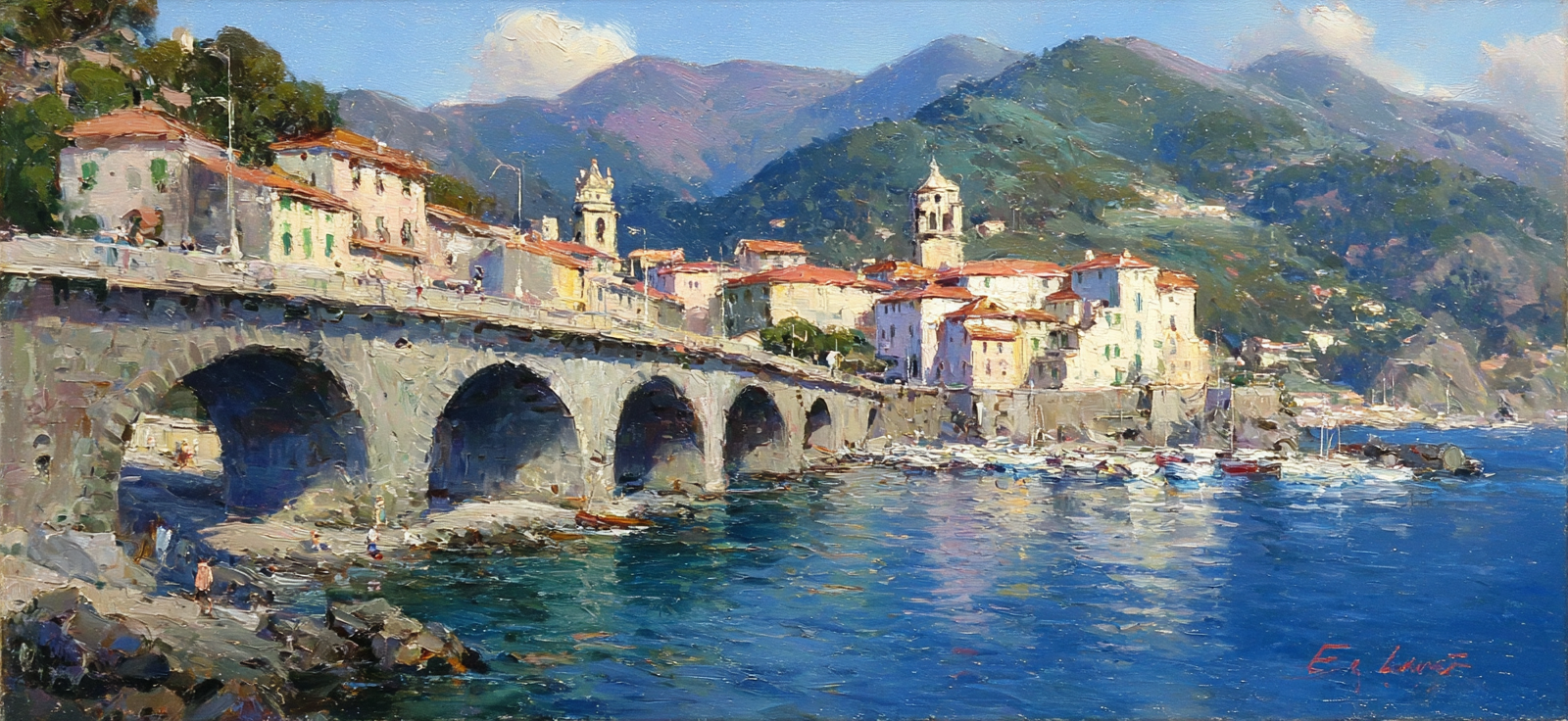 Küsten Dorf Mit Brücke Und Bunter Architektur Impressionistische Malerei | Bronze Anthrazit Terrakotta | Farbenwelten