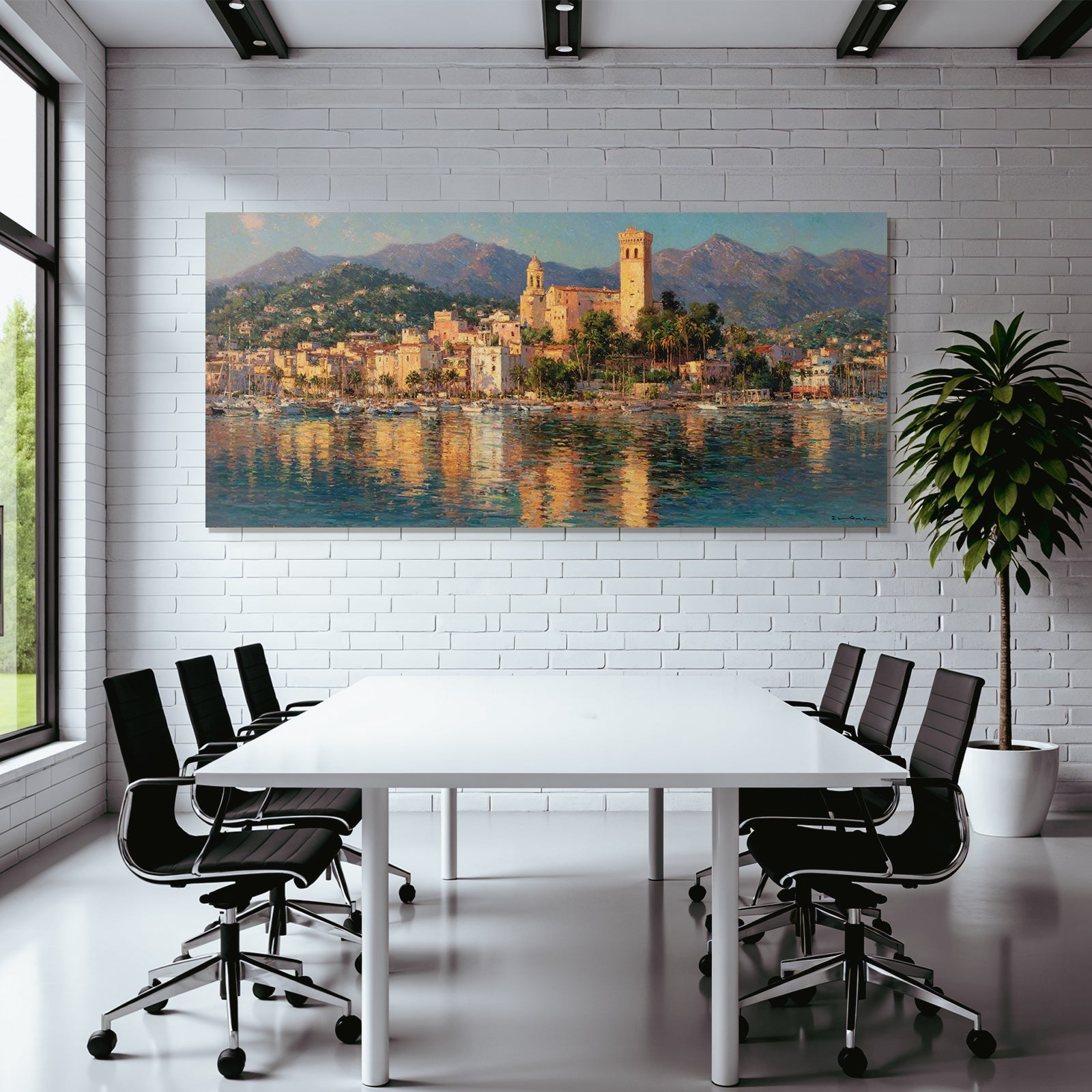 Kuststadt Mit Hafen Und Bunten Gebäuden Bei Sonnenuntergang