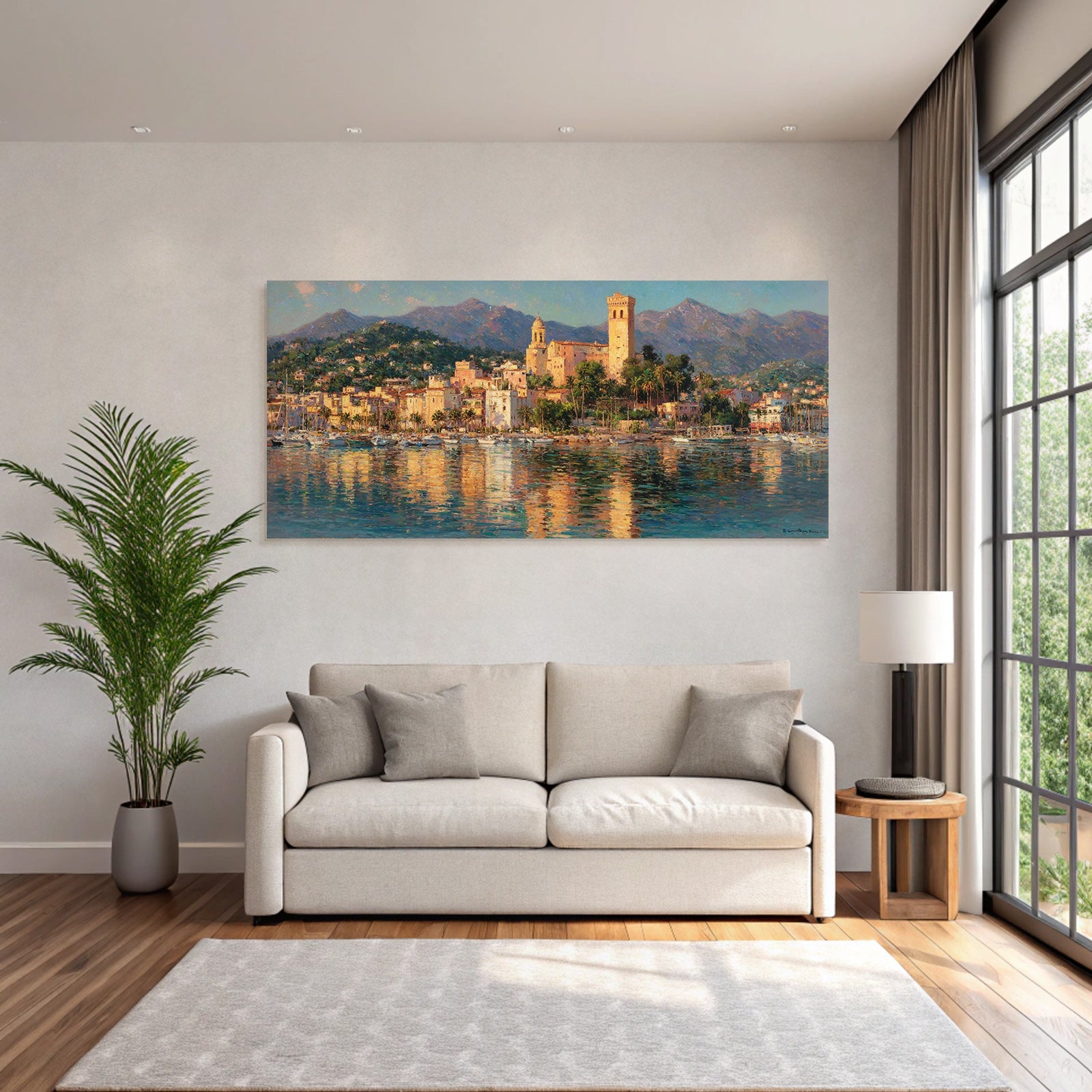 Kuststadt Mit Hafen Und Bunten Gebäuden Bei Sonnenuntergang