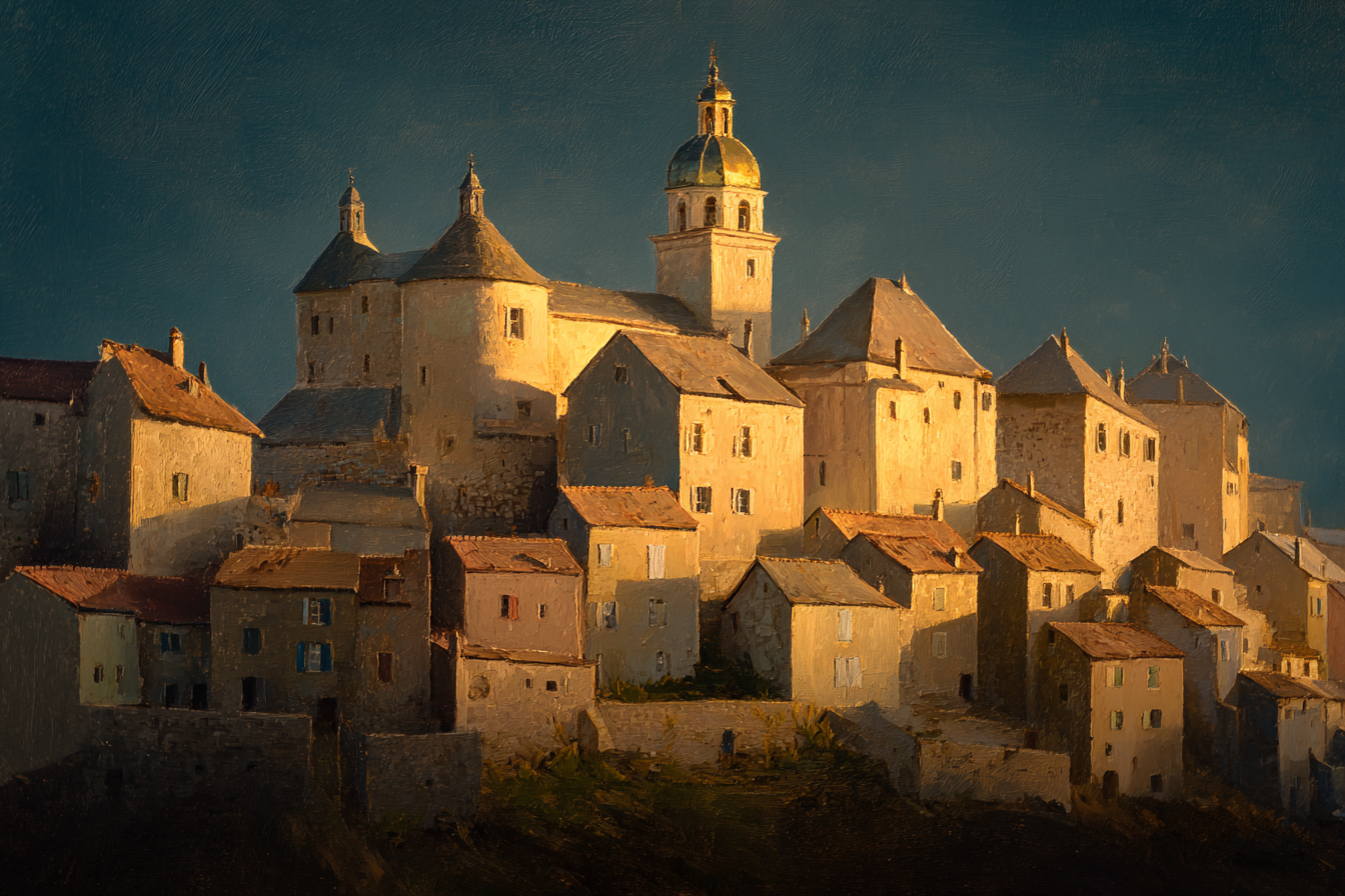 Malerisches Dorf Im Gebirge Mit Warmen Sonnenlicht Und Ruhiger Atmosphäre | Bronze Anthrazit Terrakotta | Farbenwelten